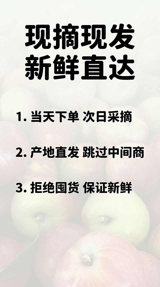 [第13屏] 物流说明屏-介绍枣油桃现摘现发新鲜直达服务。清晰说明风格，让消费者放心购买。顶部大标题写"现摘现发 新鲜直达"，下方分三点说明：1. 当天下单 次日采摘 2. 产地直发 跳过中间商 3. 拒绝囤货 保证新鲜。本屏使用商品图作为背景虚化，果实隐约可见不遮挡文字。排版清晰，圆角黑体纯色填充，文字黑色不遮挡，全局底色#F5F9F2，保持统一风格。9:16竖版，4K，文字清晰。负面提示：文字错乱，排版混乱，水印，果实抢主体。