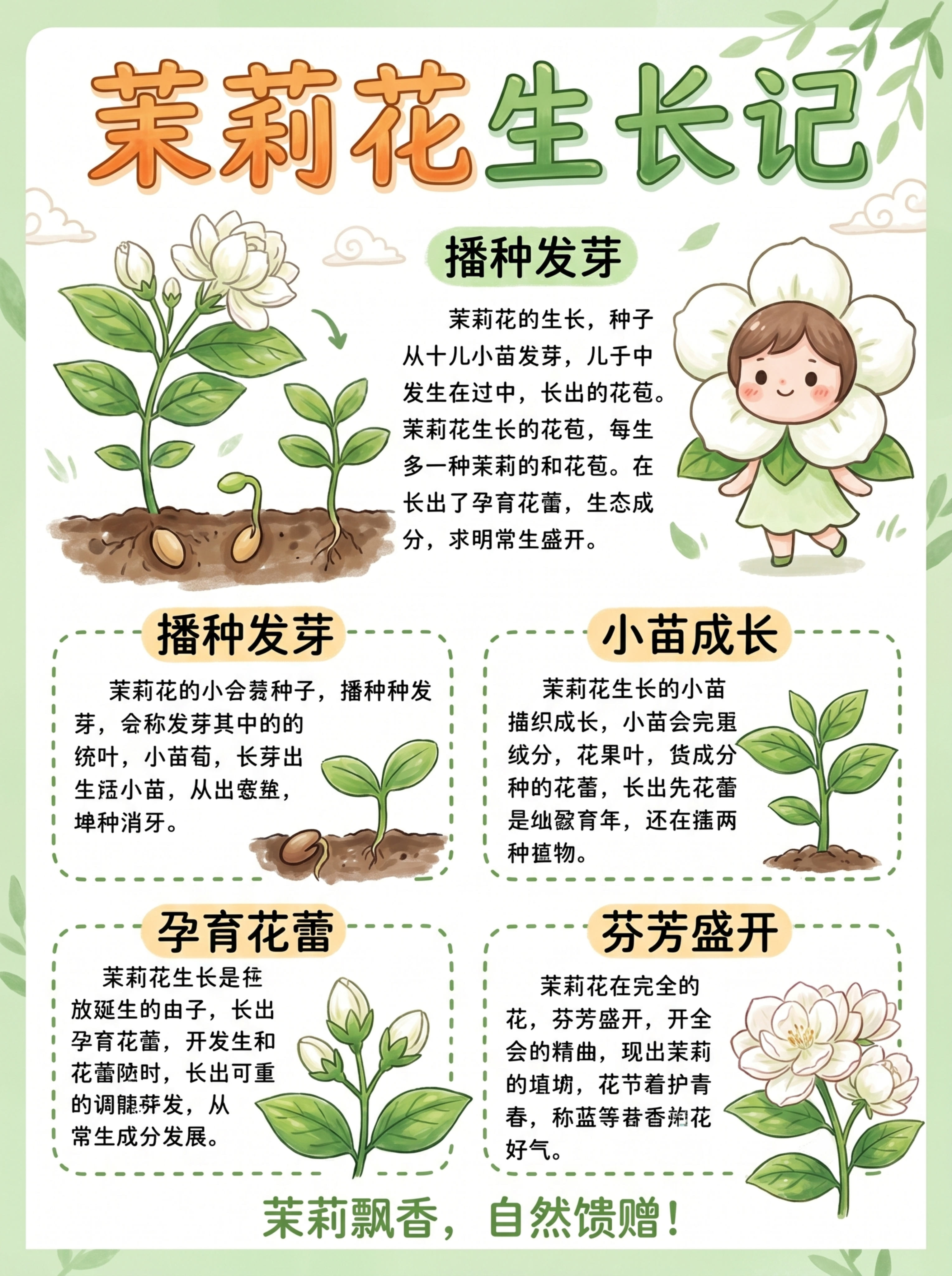 参照参考图手抄报布局和马克笔手绘风格，制作一幅茉莉花生长记手抄… - 图片创意预览