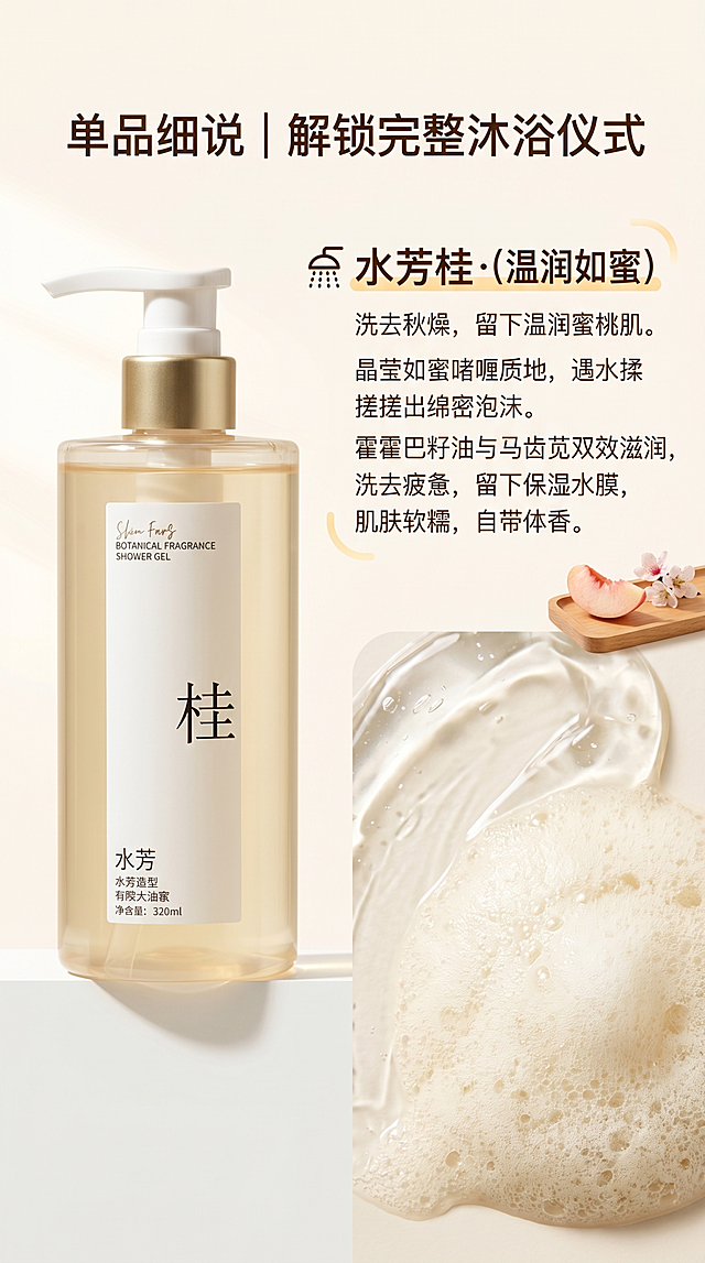 [第6屏] 水芳桂沐浴蜜单品独立卖点。
氛围风格：温润滋养氛围，通透干净，高级质感。
元素布局：本屏突出展示图1左二水芳桂沐浴蜜单品，保留瓶身外观和原图一致，放置画面左侧。右侧放文字卖点，背景放晶莹啫喱质地和泡沫微距特写，体现温润质感。
光影：柔和侧光突出瓶身通透，泡沫特写清晰有层次，整体自然明亮。
配色：底色#fef9f3，保留产品原配色，文字深棕，浅暖黄点缀，温和通透。
构图：左物右文，横向分栏，阅读流畅。
文字：顶部标题"单品细说 | 解锁完整沐浴仪式"；加粗单品标题"🚿 水芳桂 · 沐浴蜜（温润如蜜）"；正文："洗去秋燥，留下温润蜜桃肌。晶莹如蜜啫喱质地，遇水揉搓出绵密泡沫。霍霍巴籽油与马齿苋双效滋润，洗去疲惫，留下保湿水膜，肌肤软糯，自带体香。"字号清晰可读。
比例分辨率：9:16，4K，文字清晰。
负向提示：瓶身变形，文字错乱，颜色偏差，水印。