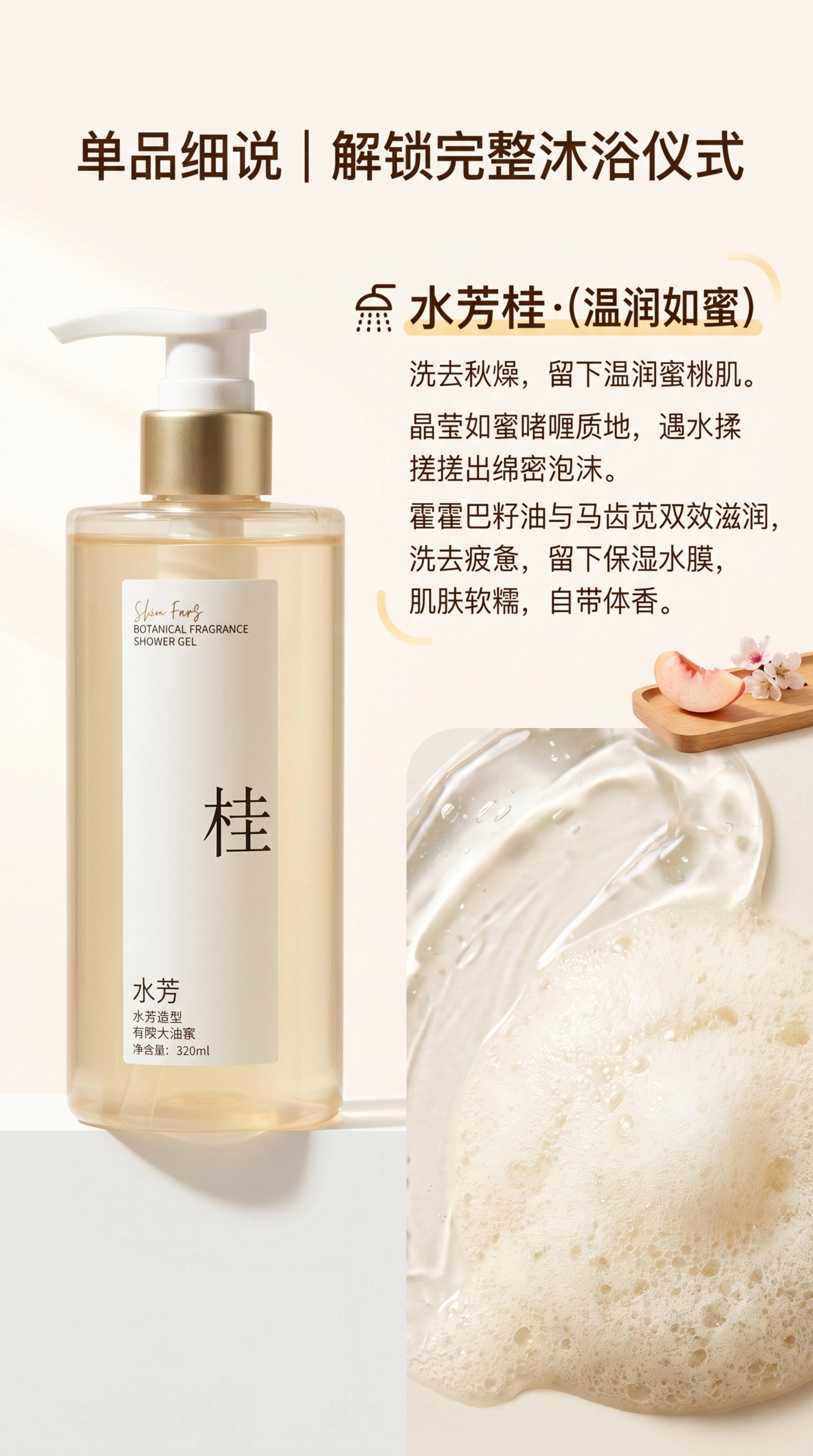 [第6屏] 水芳桂沐浴蜜单品独立卖点。 氛围风格：温润滋养氛围… - 图片创意预览