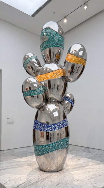 美术馆白墙展厅中陈列一座名为"嵩高"的大型雕塑，整体形态为错落堆叠向上生长的圆润曲面构件，轮廓酷似巨型仙人掌，竖向挺拔体量厚重，光滑饱满流线型无尖锐棱角，材质为镜面不锈钢外壳内嵌碎瓷片拼贴带状色块，青预览效果