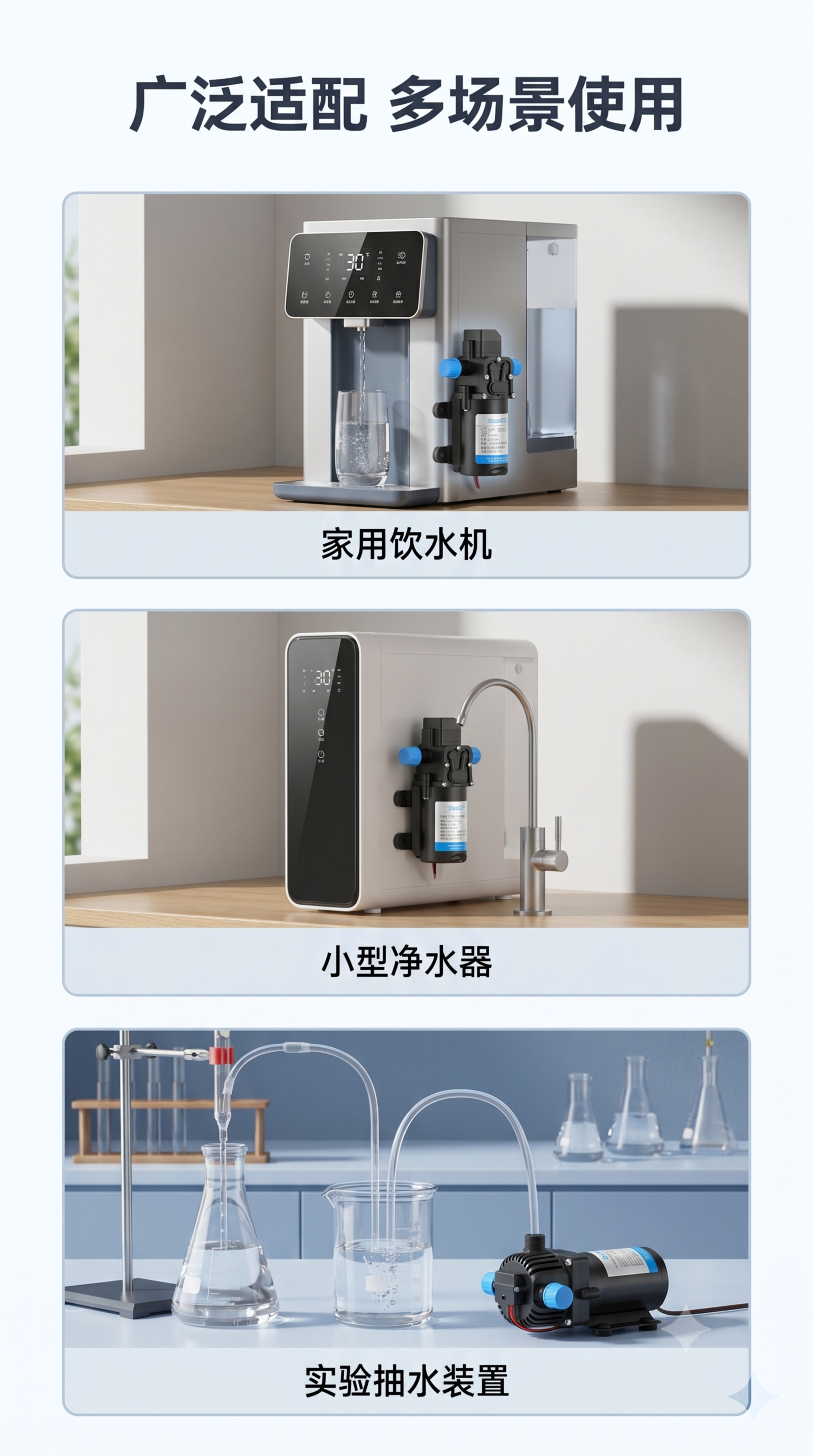 [第7屏] 多场景适配展示，展示水泵在不同设备中的使用场景。… - 图片创意预览