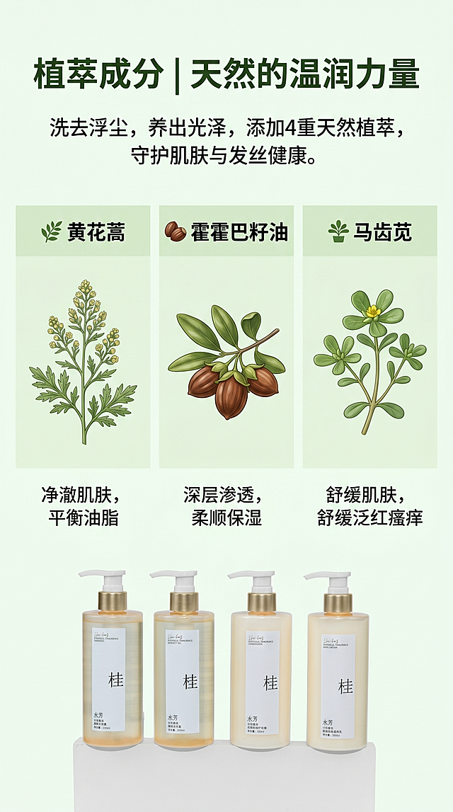 [第4屏] 水芳桂核心植萃成分专区。
氛围风格：天然纯净，清新专业，自然可信。
元素布局：顶部标题区，下方三栏网格排列三种植萃，每栏配对应植物插画：黄花蒿、霍霍巴籽、马齿苋，说明功效；图1产品缩小放底部展示，保留外观一致。
光影：整体柔和均匀，插画清晰，层次分明，文字清晰。
配色：底色#f2f8f0，文字深绿，浅绿做栏背景，保留产品原配色。
构图：标题在上-成分网格居中-产品在下，纵向排版分区清晰。
文字：顶部大标题"植萃成分 | 天然的温润力量"；副标题"洗去浮尘，养出光泽，添加4重天然植萃，守护肌肤与发丝健康。"；三栏分别：🌿黄花蒿：净澈肌肤，平衡油脂；🌰霍霍巴籽油：深层渗透，柔顺保湿；🪴马齿苋：舒缓肌肤，舒缓泛红瘙痒。标题加粗，字号清晰。
比例分辨率：9:16，4K，文字清晰。
负向提示：产品变形，网格错乱，文字模糊，水印。