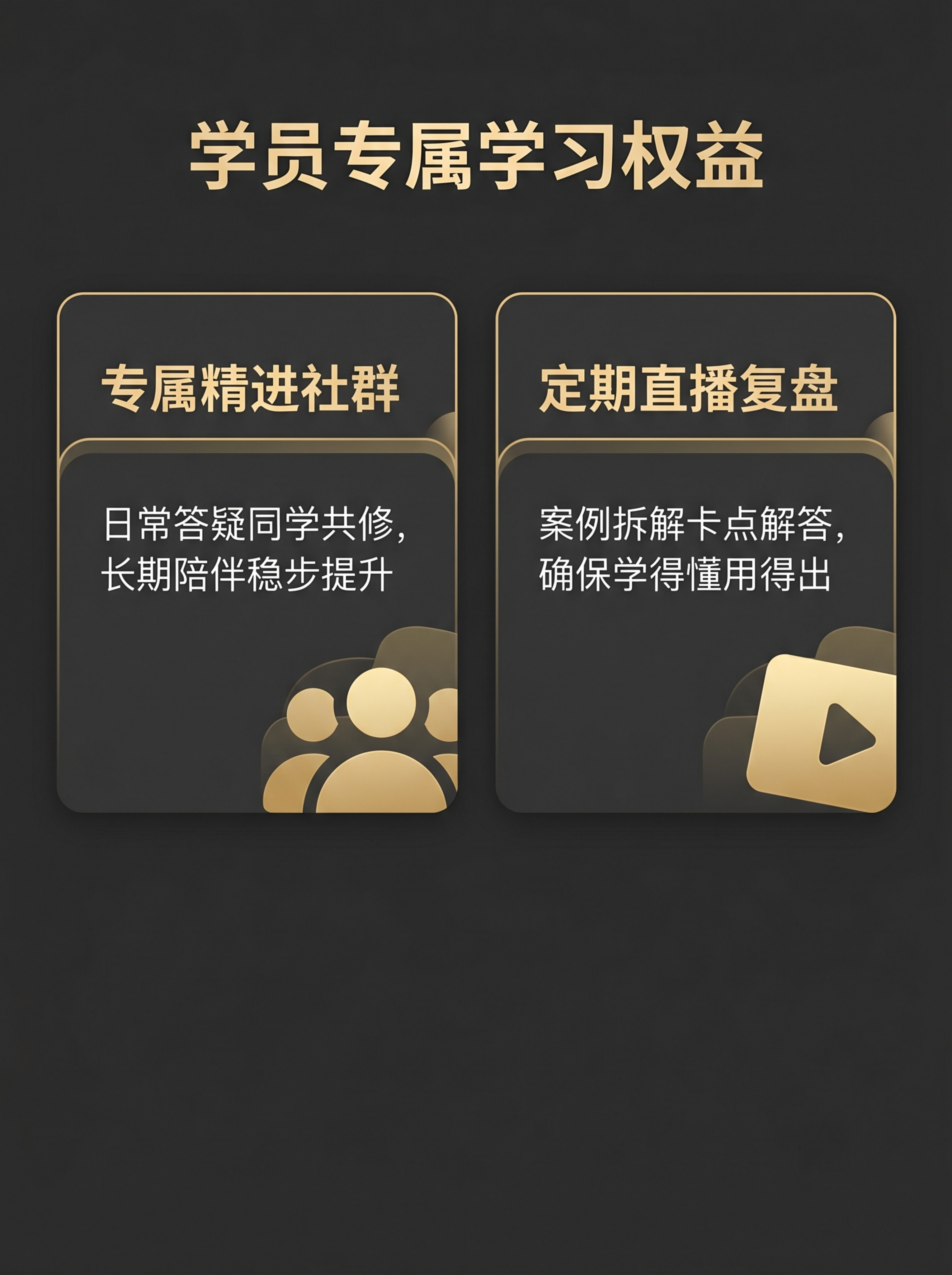 [第9屏] 学员专属学习权益，介绍两项服务。主标题顶部，两个权… - 图片创意预览