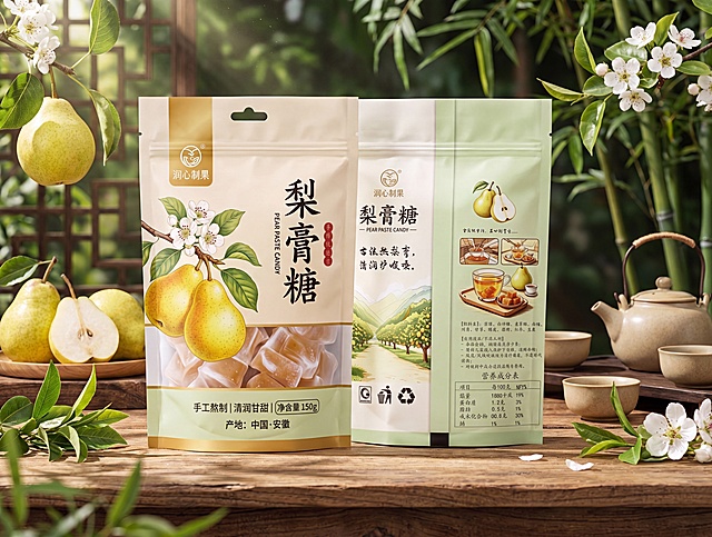 为这款润心制果梨膏糖包装袋生成实物展示样机，放置在丰富自然的背景中，背景带有清新自然的户外或中式茶室场景，保留包装袋的完整设计和文字内容，生成高清产品展示图