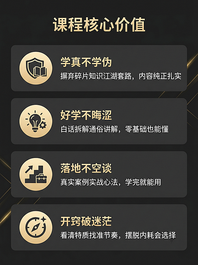 [第5屏] 课程核心价值，四大卖点竖向排列。主标题顶部，四个卖点从上到下排列，左侧圆形图标，右侧标题说明。全局底色#2c2c2c，标题图标浅金，文字白色，卖点块#363636。主标题"课程核心价值"浅金居中，四个卖点分别为：学真不学伪，摒弃碎片知识江湖套路，内容纯正扎实；好学不晦涩，白话拆解通俗讲解，零基础也能懂；落地不空谈，真实案例实战心法，学完就能用；开窍破迷茫，看清特质找准节奏，摆脱内耗会选择。3:4比例，4K分辨率，文字清晰。负向提示词：文字错乱，排版混乱，颜色失真，水印。