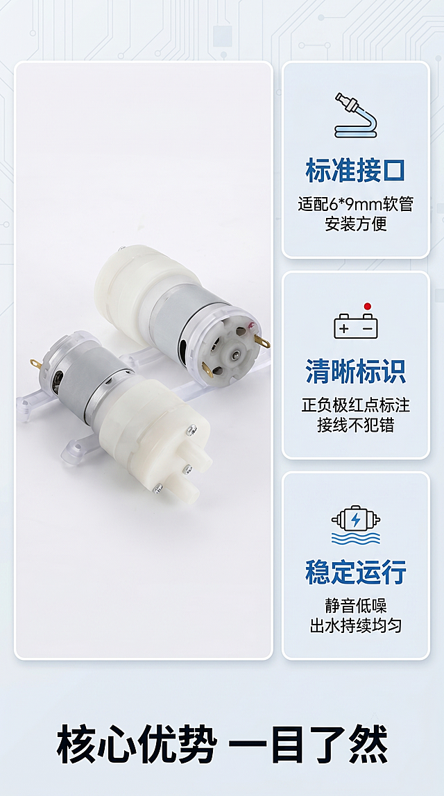 [第3屏] 核心卖点总览，分层展示微型水泵四大优势。本屏使用【图1】作为主图，左侧放产品，右侧分三卡展示卖点。
[氛围/风格] 浅灰科技风，分层卡片设计，清晰易读。
[元素布局] 左侧大区域放置完整水泵产品图，保持外观结构与原图一致，占据约45%宽度。右侧从上到下排列三个卖点卡片，每个卡片配图标和文字说明，最底部放置主标题。
[光影质感] 左侧产品自然光感，右侧卡片干净平光，整体明暗层次清晰，产品边缘真实。
[配色色系] 全局底色：#F7FAFC；卡片背景：#EDF2F7；主体配色：#FFFFFF + #C0C0C0；主色：#2B6CB0。
[视角构图] 左右分栏构图，左侧产品右侧卖点，阅读清晰。
[文字版式] 底部主标题"核心优势 一目了然"深色大字，右侧每个卖点卡片：1. 标题"标准接口"，内容"适配6*9mm软管 安装方便"；2. 标题"清晰标识"，内容"正负极红点标注 接线不犯错"；3. 标题"稳定运行"，内容"静音低噪 出水持续均匀"。字体层级清晰，主标题加粗，内容清晰可读。
[比例分辨率] 9:16 竖版比例，4K分辨率，文字清晰可辨。
[负向提示词] 产品变形，结构错误，文字错乱，颜色偏差，水印，背景杂乱