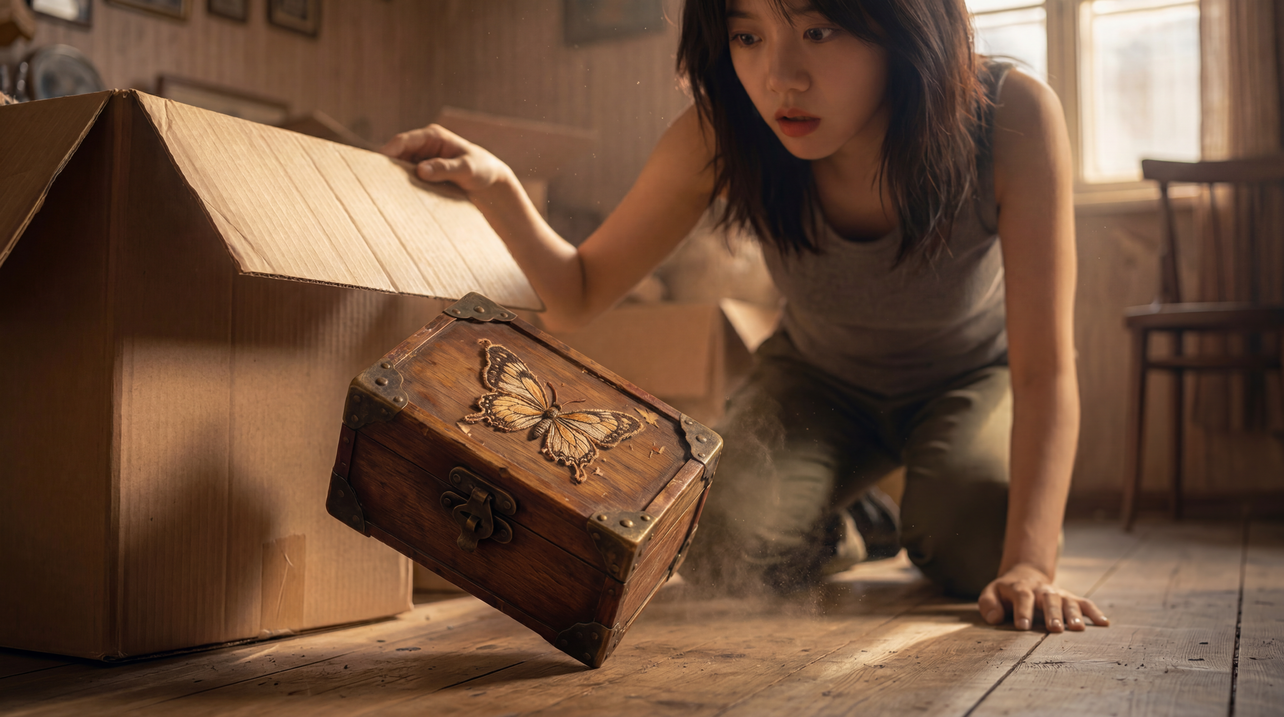 木质蝴蝶锦盒尺寸再缩小一点，保持16:9横屏构图，电影级画面，… - 图片创意预览