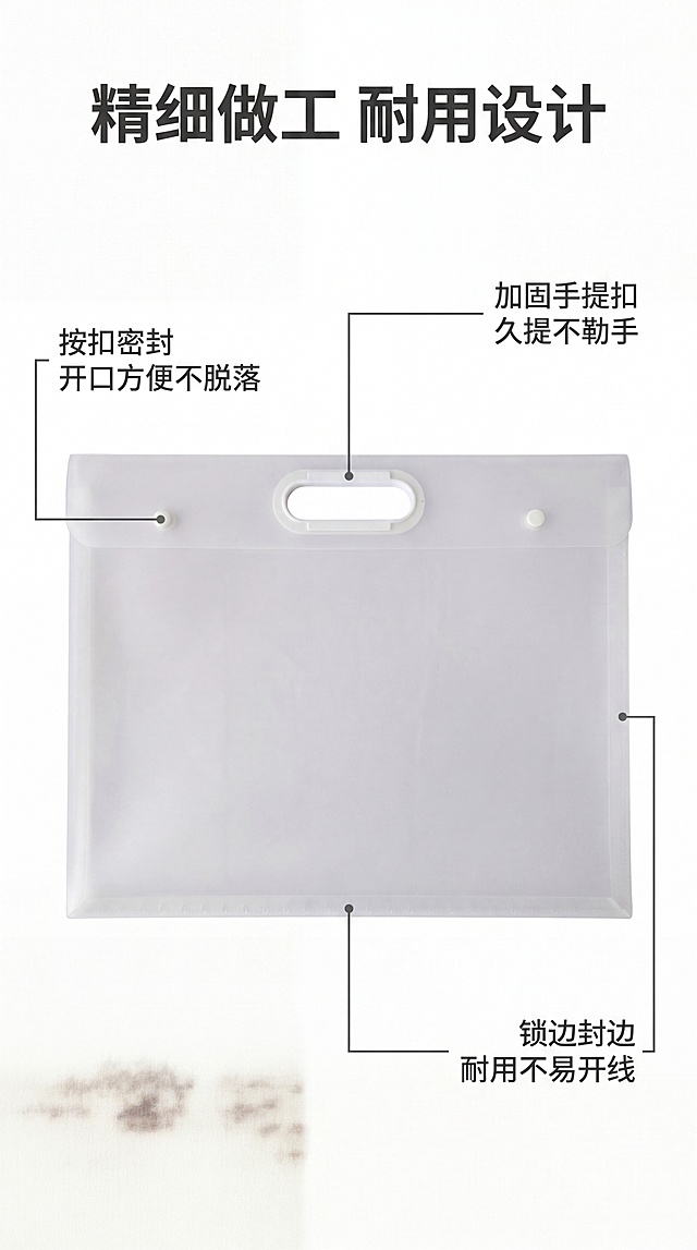 [第3屏] 结构解析-画稿袋核心结构细节引线标注。本屏使用【图1】【图6】【图8】展示产品结构，保持各部位结构材质与原图一致。
[氛围/风格] 专业解析风，干净白底，清晰标注，细节一目了然。
[元素布局] 画稿袋整体居中展示，占据画面60%区域，使用细黑引线从关键部位引出标注：手提扣、按扣封口、加厚封边三个核心结构，每个引线配短说明文字。产品整体结构、半透磨砂材质颜色与原图保持一致。
[光影质感] 均匀顶光，清晰展示每个结构细节，阴影柔和，产品边缘清晰。
[配色色系] 全局底色：#FFFFFF（纯白）；主体：产品半透奶白；标注线：#666666（深灰）；文字：#333333。
[视角构图] 正面平视，产品居中，标注分布在产品四周，不遮挡主体，信息清晰易读。
[文字版式] 顶部标题「精细做工 耐用设计」，深灰色居中。三个引线标注分别为：「加固手提扣 久提不勒手」「按扣密封 开口方便不脱落」「锁边封边 耐用不易开线」。每个标注文字清晰，字号适合移动端阅读。
[比例分辨率] 9:16 竖版比例，4K分辨率，文字清晰可辨，超高清。
[负向提示词] 结构错误，缺件，颜色偏差，文字错乱，引线重叠，背景杂乱