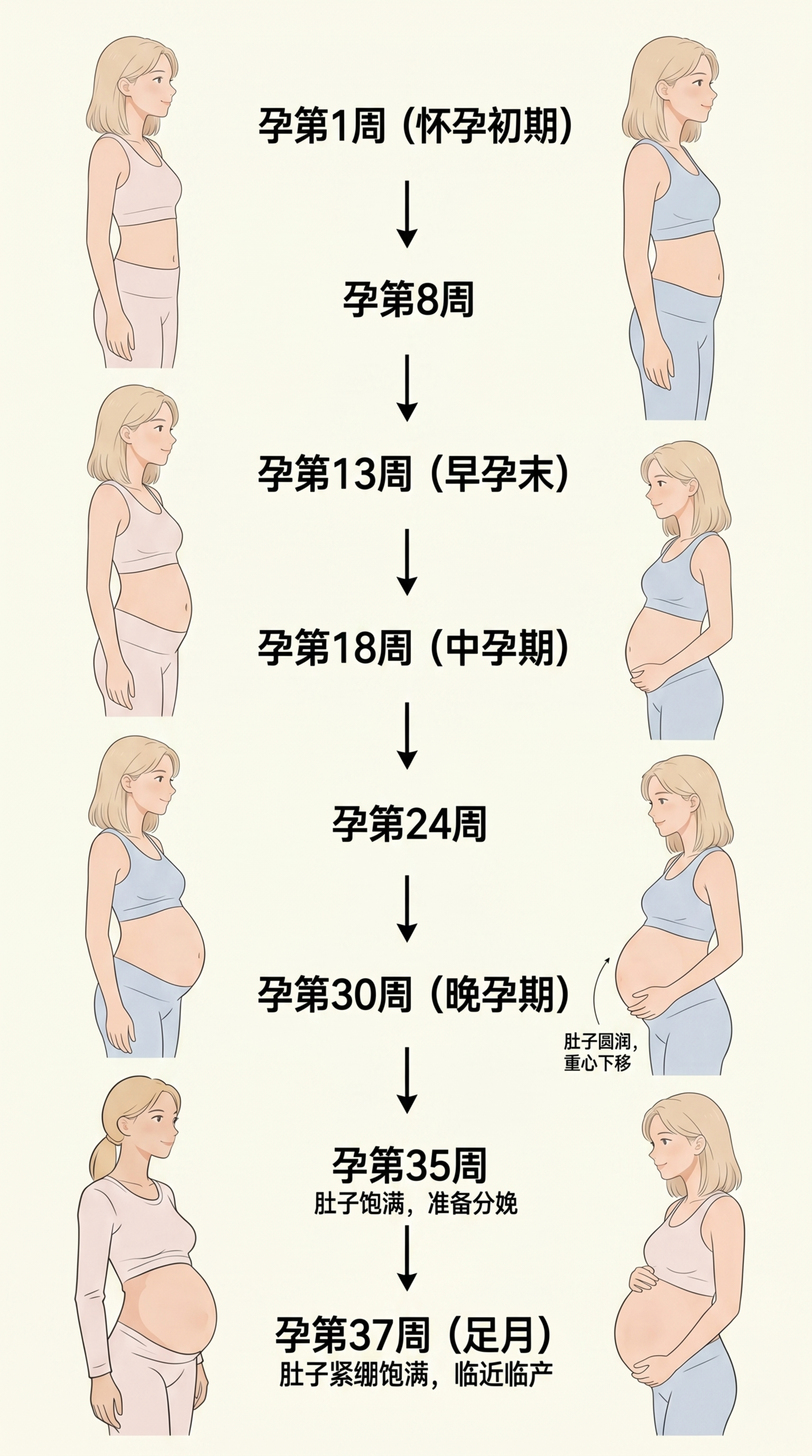 生成孕妇孕期从第一周到第三十七周共8张身体变化流程图，每张图为… - 图片创意预览