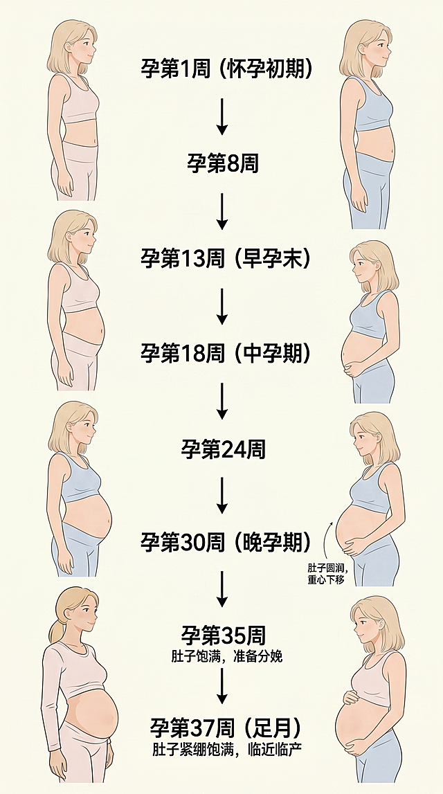 生成孕妇孕期从第一周到第三十七周共8张身体变化流程图，每张图为一位孕妇的全身侧视图，包含人物头像，保持参考图一的简约线稿浅色插画风格，添加浅色色彩，参考图二的人物面部特征，主要展示肚子从小到大的变化，露出完整肚子，人物为全身像，保持高清