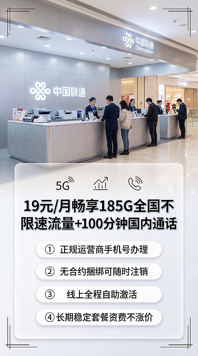 竖版9:16手机宣传海报，高清实景摄影风格，商务正式质感，上下分层版式设计，画面上半部分为明亮整洁的中国联通线下营业厅实景实拍，浅灰色轻奢装修柜台、品牌发光logo、整齐业务办理设备、柔和商场室内灯光，真实门店氛围感，人物入镜；画面下半部分为纯白色半透明磨砂蒙版文字展示区，和上部实景背景自然衔接过渡。蒙版内顶部居中加粗商务黑体展示核心套餐主文案："19元/月畅享185G全国不限速流量+100分钟国内通话"，搭配简约5G、流量、通话线性图标点缀；主文案下方横向均分4个圆角商务卡片模块，带圆形数字序号依次陈列产品核心优势，字体工整规整：①正规运营商手机号办理 ②无合约捆绑可随时注销 ③线上全程自助激活 ④长期稳定套餐资费不涨价。整体配色以营业厅银灰、品牌蓝色为主，简约商务线条装饰边角，无花哨涂鸦，文字清晰醒目、层级分明，8K超高清，商业宣传海报精修画质，光影均匀，重点文字添加蓝色细描边强化识别度，优先渲染文字信息不被背景遮挡