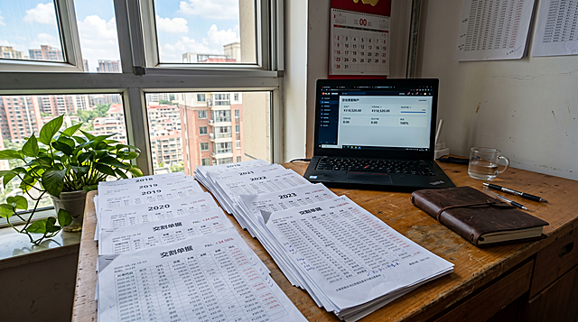 出租屋・空仓自省悟道，白天的书桌场景，电脑屏幕显示空仓资金账户界面，桌面上按盈亏分类整齐铺满六年的交割单据，合上的皮质笔记本放在一旁，窗外明亮天光洒入，整体氛围豁然通透，画面无人物，8K 高清，真实通透感场景质感，超写实仿真摄影，16:9横版