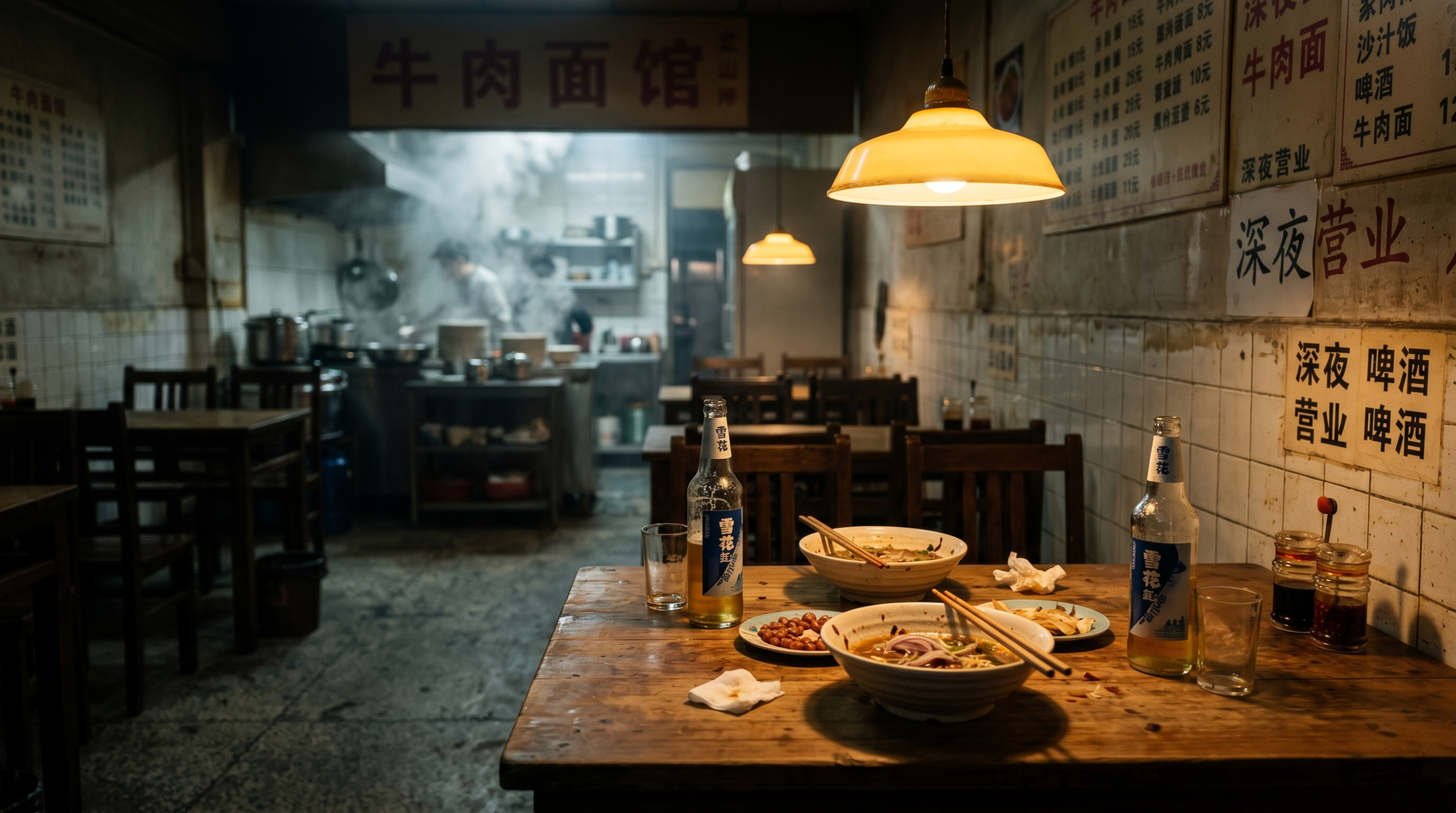 牛肉面馆・深夜拼桌夜谈，深夜的牛肉面馆角落桌，桌面上摆着两瓶啤… - 图片创意预览