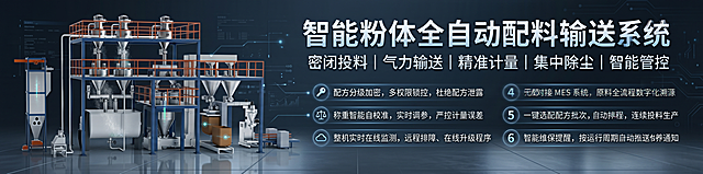 「图片1」生成一张1920像素x380像素大小的横图，深色背景，大气一点，设备放再左边，大标题：智能粉体全自动配料输送系统
副标题：密闭投料｜气力输送｜精准计量｜集中除尘｜智能管控
1.配方分级加密，多权限锁控，杜绝配方泄露
2.称重智能自校准，实时调参，严控计量误差
3.整机实时在线监测，远程排障、在线升级程序
4.无缝对接 MES 系统，原料全流程数字化溯源
5.一键选配配方批次，自动排程，连续投料生产
6.智能维保提醒，按运行周期自动推送保养通知