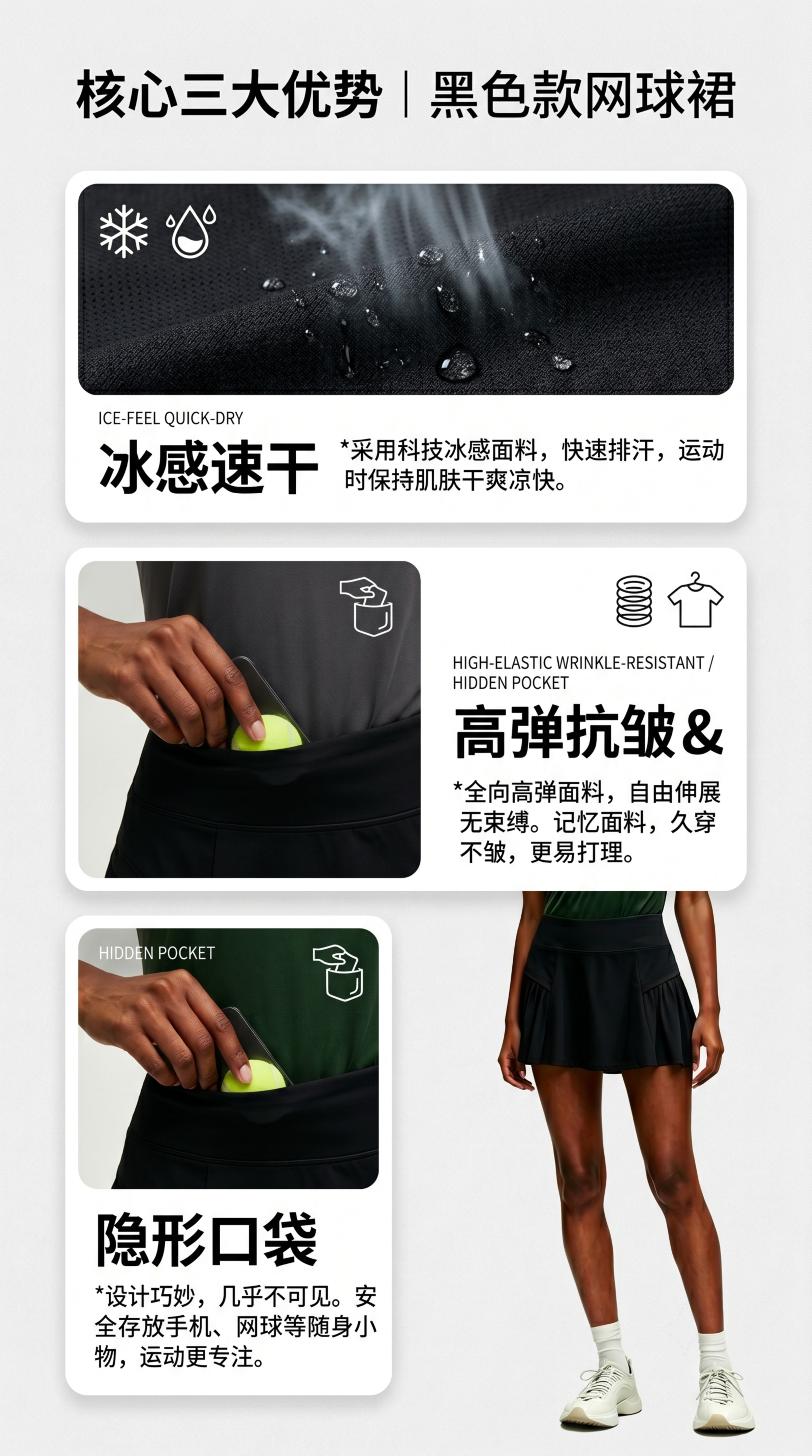 [第3屏] 三大优势页，展示黑色款【图4】，竖三栏讲冰感速干、… - 图片创意预览