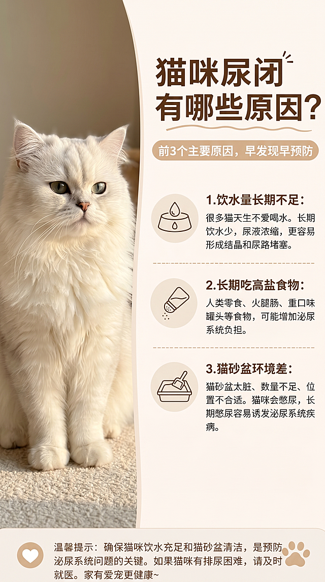 Professional pet health infographic. Left: realistic white longhair cat, calm expression, sitting on light carpet. Right: beige background, dark brown title "猫咪尿闭有哪些原因？", subtitle "前3个主要原因，早发现早预防". Content in numbered list: 1. 饮水量长期不足：很多猫天生不爱喝水。长期饮水少，尿液浓缩，更容易形成结晶和尿路堵塞。 2. 长期吃高盐食物：人类零食、火腿肠、重口味罐头等食物，可能增加泌尿系统负担。 3. 猫砂盆环境差：猫砂盆太脏、数量不足、位置不合适。猫咪会憋尿，长期憋尿容易诱发泌尿系统疾病。 Each point with small relevant icon (water bowl, salt shaker, litter box). Clean layout, warm tone, high-resolution real photo style, matching user's template.