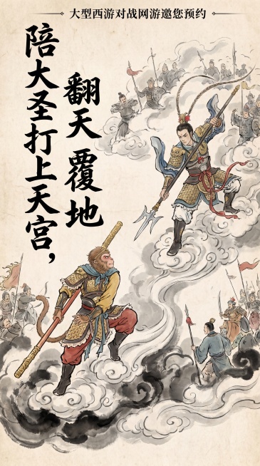 游戏邀请函H5封面，水墨中国风，西游记大闹天宫主题，齐天大圣孙悟空脚踏筋斗云与二郎神对战，画面左侧有大字宣传语"陪大圣打上天宫，翻天覆地"，顶部小字显示"大型西游对战网游邀您预约"，整体水墨丹青风格，预览效果