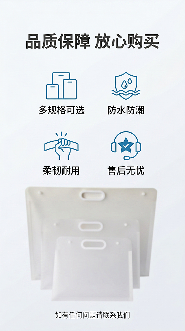 [第8屏] 售后保障-展示产品优势与售后承诺。本屏使用【图1】产品作为背景装饰，保持产品外观颜色与原图一致。
[氛围/风格] 信任感风格，浅灰渐变背景，简洁大方，专业稳重。
[元素布局] 产品放在背景下半区，虚化处理作为装饰，前景是四个售后卖点图标和文字，整齐排列为两行两列。产品占背景约40%，不遮挡前景文字信息。
[光影质感] 均匀柔和光，前景文字清晰，背景产品虚化柔和，整体明暗适中。
[配色色系] 全局底色：#F8F9FA（浅灰渐变）；产品：半透奶白；图标：#2385bb（蓝色）；文字：#333333。
[视角构图] 中心对称构图，前景信息居中，背景产品装饰，平衡稳定。
[文字版式] 顶部主标题「品质保障 放心购买」，深灰色居中。四个卖点：
「多规格可选」「防水防潮」「柔韧耐用」「售后无忧」，每个卖点配蓝色图标+文字，两行两列排列整齐，文字清晰易读。底部小号文字「如有任何问题请联系我们」，不抢占主体视觉。
[比例分辨率] 9:16 竖版比例，4K分辨率，文字清晰可辨，超高清。
[负向提示词] 诱导按钮，绝对化用语，文字错乱，产品变形，颜色偏差，水印