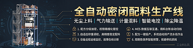 「图片1」生成一张1920像素x380像素大小的横图，深色背景，大气一点，大标题：全自动密闭配料生产线，副标题：无尘上料｜气力输送｜计量混料｜智能电控｜除尘降温
优势是：1.配方分级加密，权限精细化管控
2.自适应称重调校，高精度稳定配料
3.设备远程运维监控，故障在线诊断
4.MES 数据互联互通，用料台账自动归档
5.配方一键投产，系统自动排产流水线作业
6.周期性保养智能预警，规避停机损耗