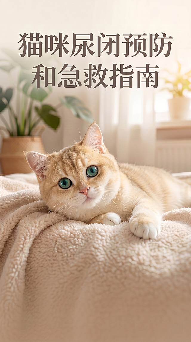 替换猫咪为一只活泼可爱的浅色金渐层猫，黑毛较少、毛色柔和明亮，姿态自然放松（如趴卧或抬头望向镜头），保留原背景温馨家居环境与标题文字“猫咪尿闭预防和急救指南”，整体风格专业清新，适合作为小红书封面
