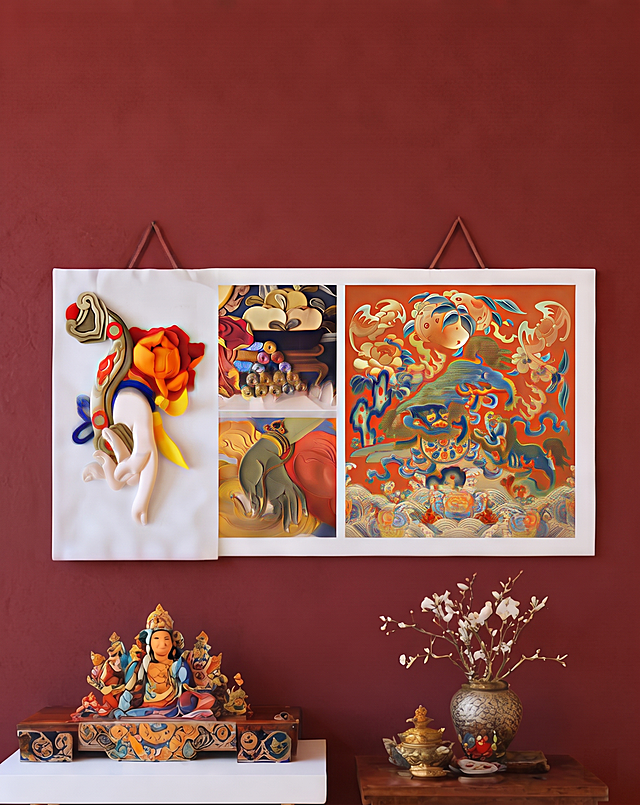 将图片中的背景墙壁更换为藏红色，保持原画面内容和构图不变，只修改背景颜色，延续原整体民族风格