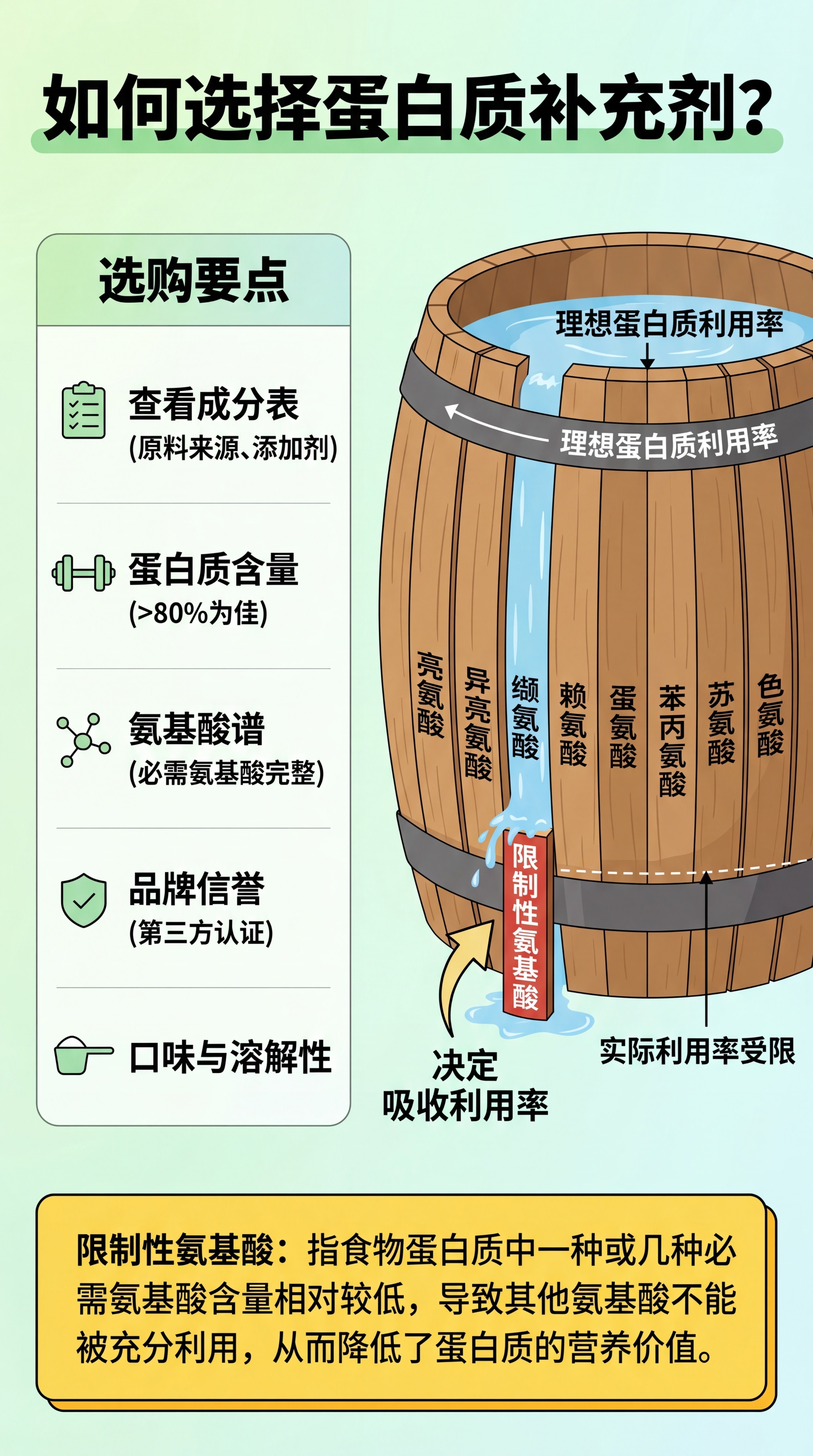 [第4屏] 蛋白质补充剂选择标准页，浅绿白底，顶部绿色标题'如… - 图片创意预览