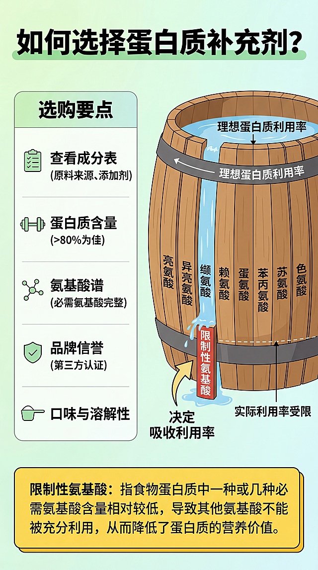 [第4屏] 蛋白质补充剂选择标准页，浅绿白底，顶部绿色标题'如何选择蛋白质补充剂?'，左侧列选购要点，右侧木桶示意图，底部黄色块解释限制性氨基酸，排版清晰，9:16，4K，文字清晰，负向：文字乱，示意图变形，重叠