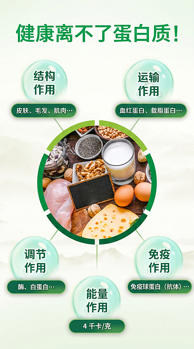 [第2屏] 蛋白质作用科普页，浅绿白底，顶部绿色标题'健康离不了蛋白质'，中心圆形放天然高蛋白食物图，四周气泡标注五个作用，排版整齐，9:16，4K，文字清晰，负向：文字乱，变形，重叠