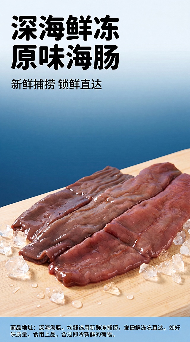 [第1屏] 详情页头图，鲜冻海肠新品宣传海报，本屏使用【图1】和【图2】作为商品主体，保持海肠深红棕褐色、水润饱满的物理结构、材质质感、颜色与输入产品图一致。[氛围/风格] 生鲜海鲜风格，新鲜自然的食欲感，干净清爽，商业写实摄影，画面通透鲜亮。[元素布局] 鲜冻海肠产品放在画面中下区域，占据画面65%-70%主体，前景搭配冰粒和深海蓝色渐变背景，底部加入干净木质台面，周围点缀少量海水水珠，背景上方保留充足标题留白，整体无边框满铺。[光影质感] 左上方柔和主光照亮海肠水润质感，右下方形成自然柔和投影，整体明亮通透，海肠纹理清晰真实，保留产品本身自然光泽。[配色色系] 全局底色 #F5F8FA（浅蓝灰）；主体配色：#7A4038（深红褐色）+ #3A6EA5（深海蓝）；辅助色：#FFFFFF（纯白）+ #111111（文字黑）。[视角构图] 正面微俯视，海肠主体位于画面中下部偏下，上半区域完整留给标题，整体构图上轻下重，背景干净但有生鲜设计感。[文字版式] 上半部分版式为左上主标题+副标题+产品主体+底部信息条。主标题「深海鲜冻 原味海肠」两行黑色字，左对齐，字号为画面宽度8%-10%，不超过顶部区域高度25%，标题下方留白；副标题「新鲜捕捞 锁鲜直达」小号黑色字，左对齐，字号为主标题30%。字形采用圆角粗黑体，字色仅黑色1种，纯色填充，全套沿用此字形、字色、字效。底部浅蓝信息条，文字不遮挡海肠主体。[比例分辨率] 9:16竖版比例，4K分辨率，文字清晰可辨，超高清。[负向提示词] 海肠变形，颜色偏差，纹理模糊，文字错乱，背景杂乱，水印，多余杂质，腐败变质观感