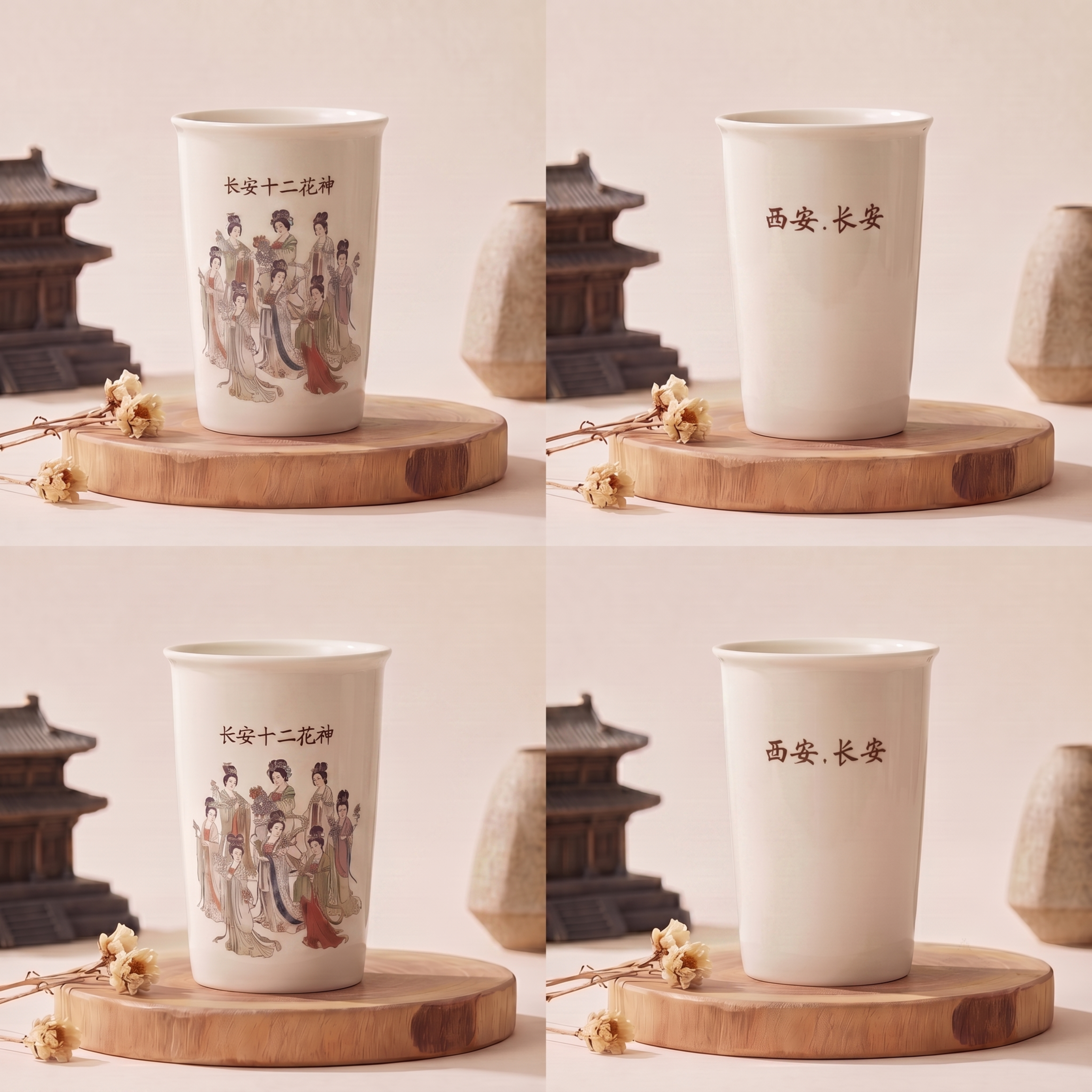 去除马克杯的把手，保持高款陶瓷杯身、正面长安十二花神图像和背面… - 图片创意预览