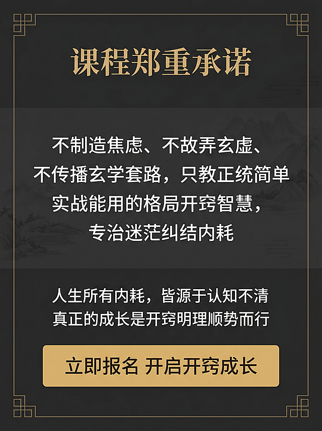 [第10屏] 课程承诺与行动号召，底部转化页。主标题顶部，课程承诺放中部，行动号召放底部。全局底色#2c2c2c，标题浅金，文字白色，号召按钮金色。顶部主标题“课程郑重承诺”浅金居中，中部承诺文字：不制造焦虑、不故弄玄虚、不传播玄学套路，只教正统简单实战能用的格局开窍智慧，专治迷茫纠结内耗。底部行动号召文案“人生所有内耗，皆源于认知不清，真正的成长是开窍明理顺势而行”，大按钮文字“立即报名 开启开窍成长”金色按钮深色文字。专业沉稳国风，3:4比例，4K分辨率，文字清晰。负向提示词：文字错乱，按钮变形，颜色失真，水印。