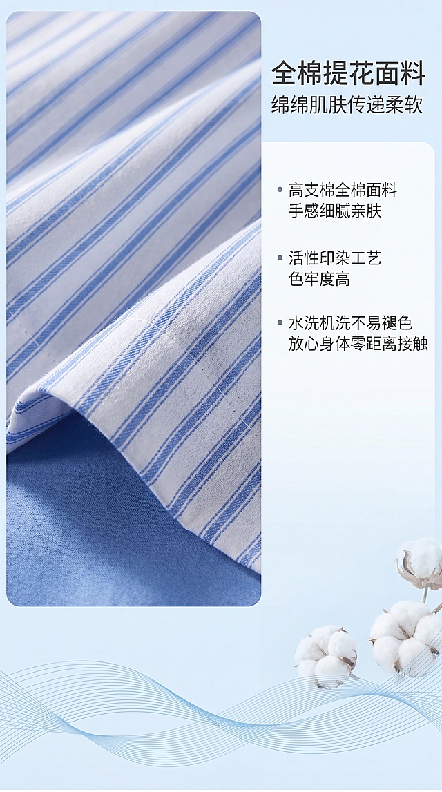 [第2屏] 核心卖点-全棉提花面料特性解析。[氛围/风格] 清晰专业的产品解析风格,柔和光感,商业摄影质感,蓝色系主色调。[元素布局] 蓝色条纹床品局部特写占据画面左侧50%区域,右侧30%区域为文字说明区,底部20%为装饰性元素。重点展示面料纹理细节,保持与输入产品图一致的条纹图案和质感。背景为浅蓝色渐变,营造专业感。[光影质感] 柔和侧光突出面料纹理细节,避免过强阴影,确保产品细节清晰可见。[配色色系] 全局底色:#E8F4F8(浅蓝);主体配色:#4A90E2(蓝色条纹)+#FFFFFF(白色);辅助色:#666666(深灰文字)。[视角构图] 微距特写视角,聚焦面料纹理和织法细节,展现高品质感。[文字版式] 右侧文字区标题「全棉提花面料」+副标题「绵绵肌肤传递柔软」,下方分点说明:「高支棉全棉面料 手感细腻亲肤」「活性印染工艺 色牢度高」「水洗机洗不易褪色 放心身体零距离接触」,文字清晰易读。[比例分辨率] 9:16竖版比例,4K分辨率。[负向提示词] 面料纹理失真,条纹错乱,颜色偏差,水印,文字错乱,产品图模糊。