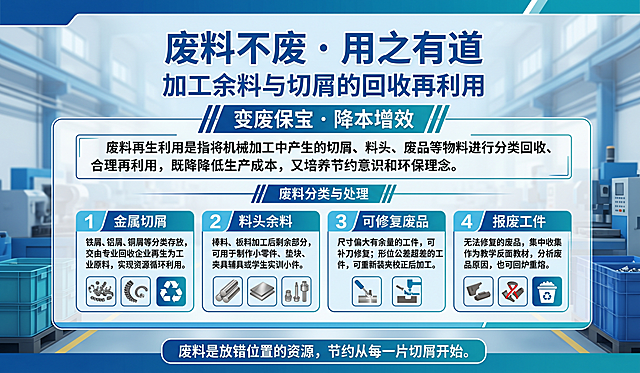 横版废料回收宣传喷绘，主色调蓝色，设计清晰专业，内容包含：主标题“废料不废 · 用之有道”，副标题“加工余料与切屑的回收再利用”，标语“变废为宝 · 降本增效”，介绍文字“废料再生利用是指将机械加工中产生的切屑、料头、废品等物料进行分类回收、合理再利用，既降低生产成本，又培养节约意识和环保理念。”，小标题“废料分类与处理”，分类内容：1.金属切屑：铁屑、铝屑、铜屑等分类存放，交由专业回收企业再生为工业原料，实现资源循环利用。2.料头余料：棒料、板料加工后剩余部分，可用于制作小零件、垫块、夹具辅具或学生实训小件。3.可修复废品：尺寸偏大有余量的工件，可补刀修复；形位公差超差的工件，可重新装夹校正后加工。4.报废工件：无法修复的废品，集中收集作为教学反面教材，分析废品原因，也可回炉重熔。底部文案“废料是放错位置的资源，节约从每一片切屑开始。”排版分区明确，适合工厂车间宣传喷绘使用。