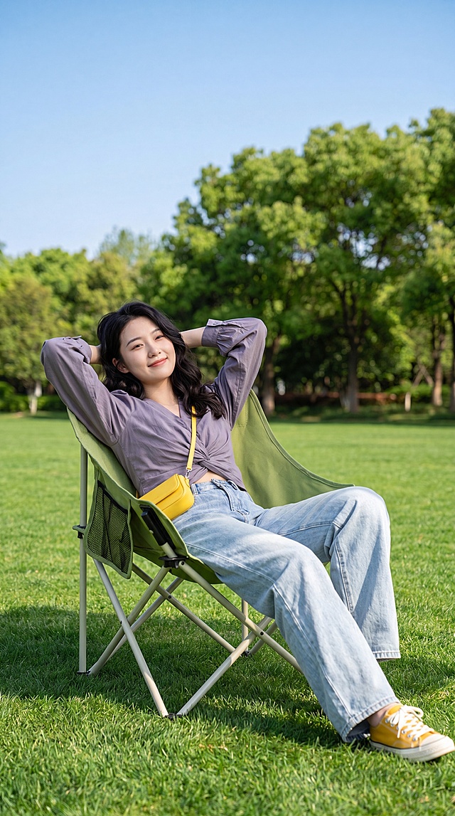 椅子外观参考图不变，生成一张包含该椅子的户外场景图，画面主体是年轻温柔东亚女生，黑色大波浪卷发，面带松弛浅笑，双手枕在脑后慵懒倚靠在这张露营椅上，坐姿舒展放松。女生穿搭：灰紫色扭结收腰泡泡袖衬衫，浅蓝色水洗阔腿牛仔裤，亮黄色斜挎迷你小包，脚穿同色系黄色板鞋。场景：晴朗春日户外草坪，背景是翠绿大树与湛蓝色晴空，前景是翠绿平整草坪，整体光影柔和通透，柔和自然光，8K 超高清，佳能 5D4 相机，f1.8 大光圈，专业户外商业摄影，通透清新氛围感，画面干净无杂物，皮肤质感自然，治愈松弛露营氛围。
