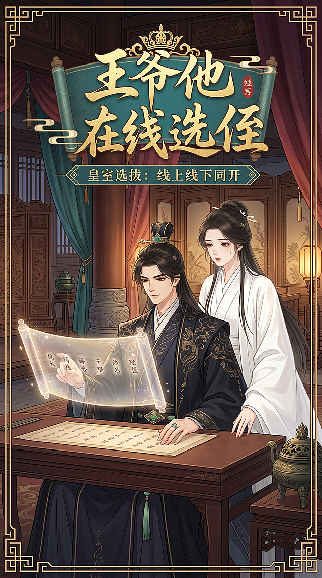漫剧封面《王爷他在线选侄》，古风背景，非纯白色，图中黑衣男主和白衣女主有互动，古风国漫风格