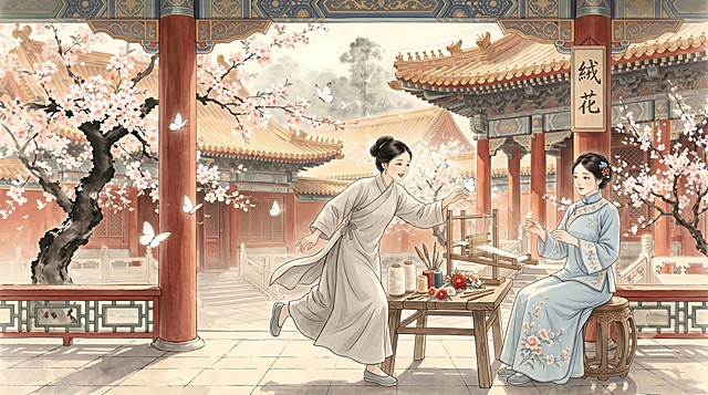 16:9横屏构图，电影级画面，8K超高清，光影细腻，清末御花园场景，宫女明月褪去厚重旗头，穿着素色衣衫追着白蝶奔跑，不小心撞在苏婉身前，画面动作流畅，情绪活泼，国风氛围感拉满。明月人物参考图一，苏婉人物和环境参考图二，保持参考人物特征一致，国风工笔风格