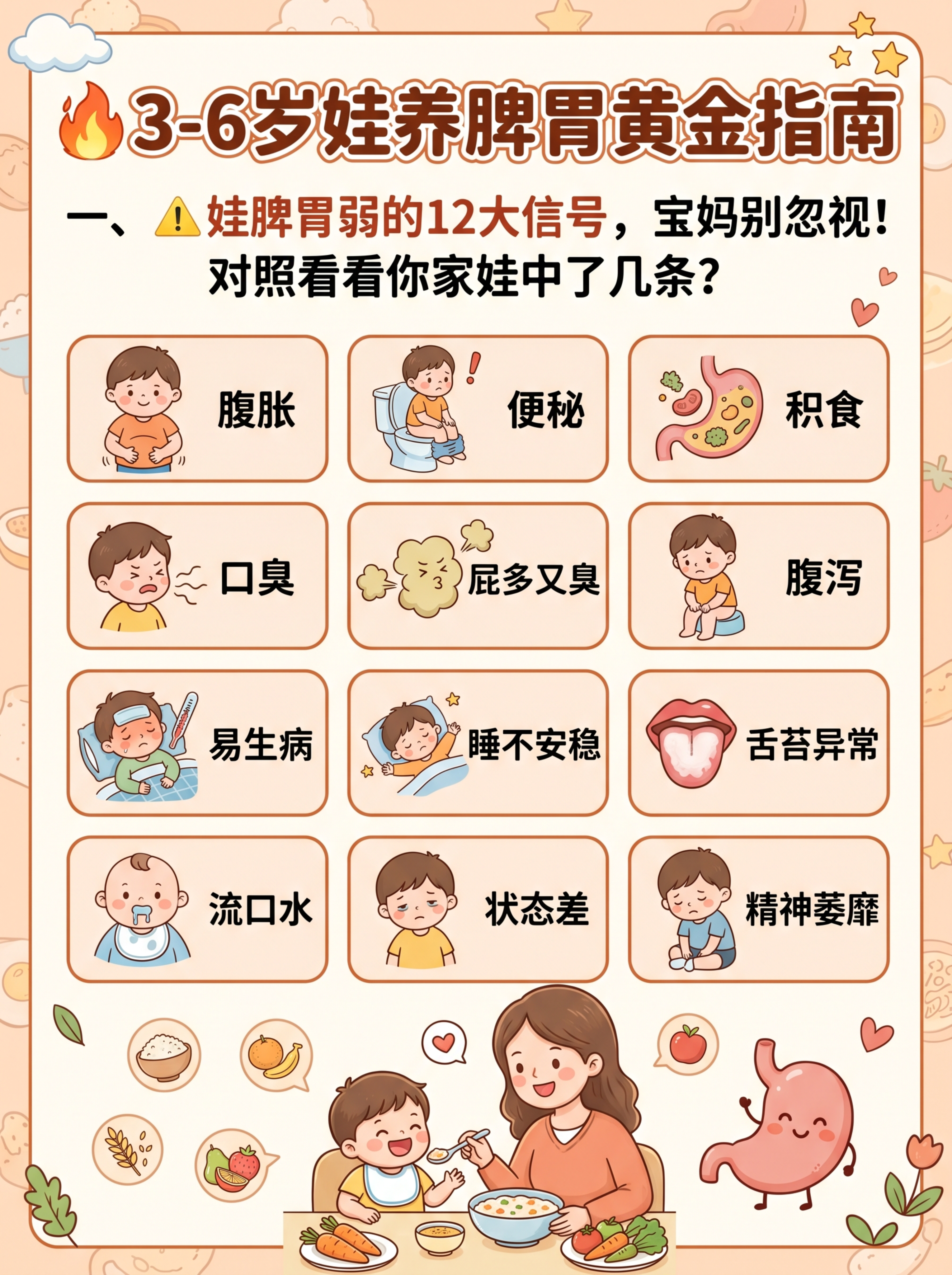 小红书3:4育儿笔记配图，标题为“🔥3-6岁娃养脾胃黄金指南”… - 图片创意预览
