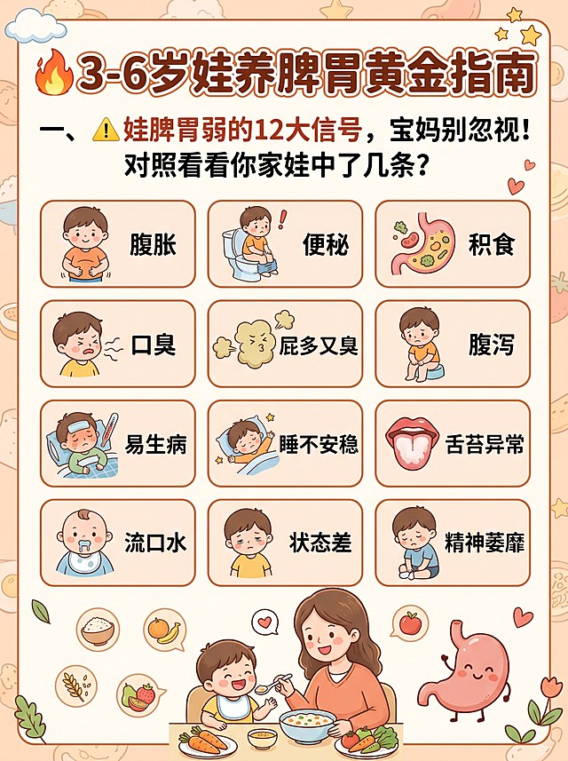 小红书3:4育儿笔记配图，标题为“🔥3-6岁娃养脾胃黄金指南”，副标题“一、⚠️娃脾胃弱的12大信号，宝妈别忽视！对照看看你家娃中了几条？”，清晰列出12个信号：腹胀、便秘、积食、口臭、屁多又臭、腹泻、易生病、睡不安稳、舌苔异常、流口水、状态差、精神萎靡，温馨明亮的亲子风格，暖色主调，适合母婴分享背景，文字清晰排版整齐，封面设计