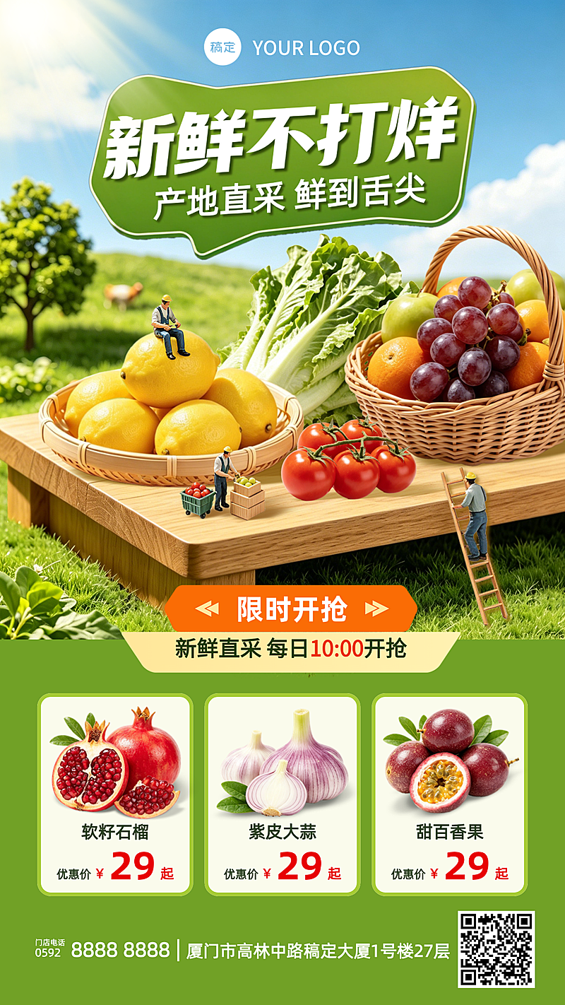 竖版清新田园风生鲜超市促销竖版海报