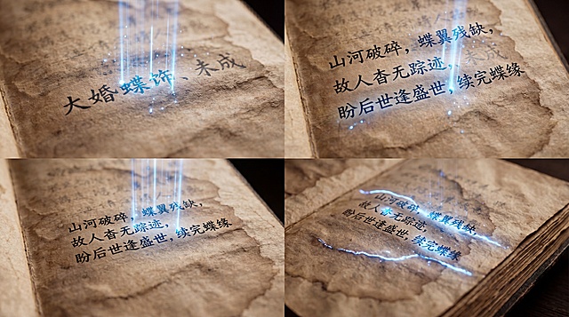 多角度生成泛黄手札最后一页，AI数字修复补齐残缺墨字："山河破碎，蝶翼残缺，故人杳无踪迹，盼后世逢盛世，续完蝶缘"，不同视角的手札页面特写，保持16:9横屏，电影级光影，8K超高清，怀旧泛黄纸张质感，AI修复光效，科技感与氛围感融合