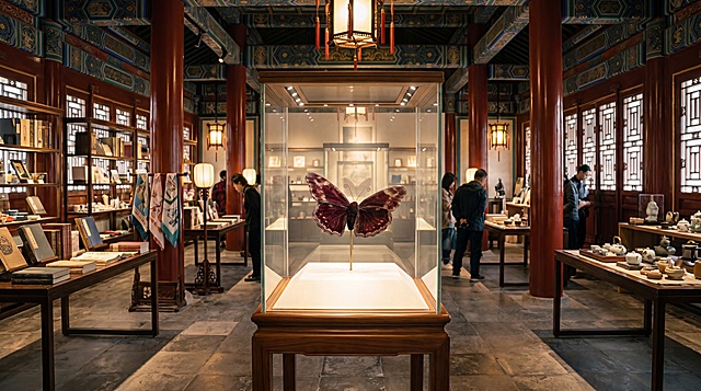 故宫文创展台，绒花蝴蝶居中陈列，16:9横屏构图，电影级画面，8K超高清，光影细腻，全景镜头，完整展现场景全貌，故宫文创展厅全景，绒花蝴蝶在展台上居中陈列，玻璃展柜的光影柔和，画面氛围感拉满，绒花蝴蝶样式参考图