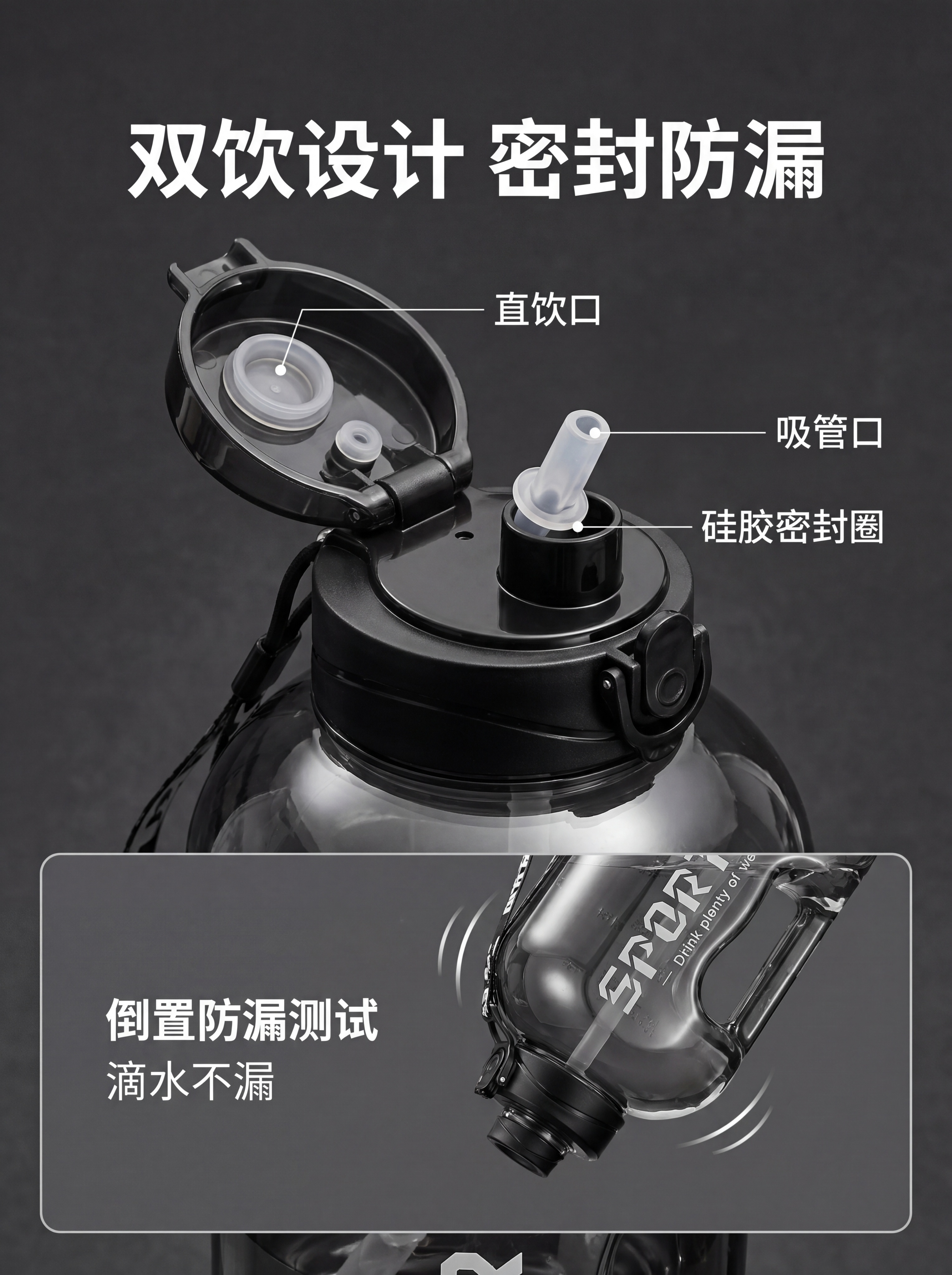 [第5屏] 杯盖细节防漏测试，放大特写黑色双饮杯盖，保持结构与… - 图片创意预览