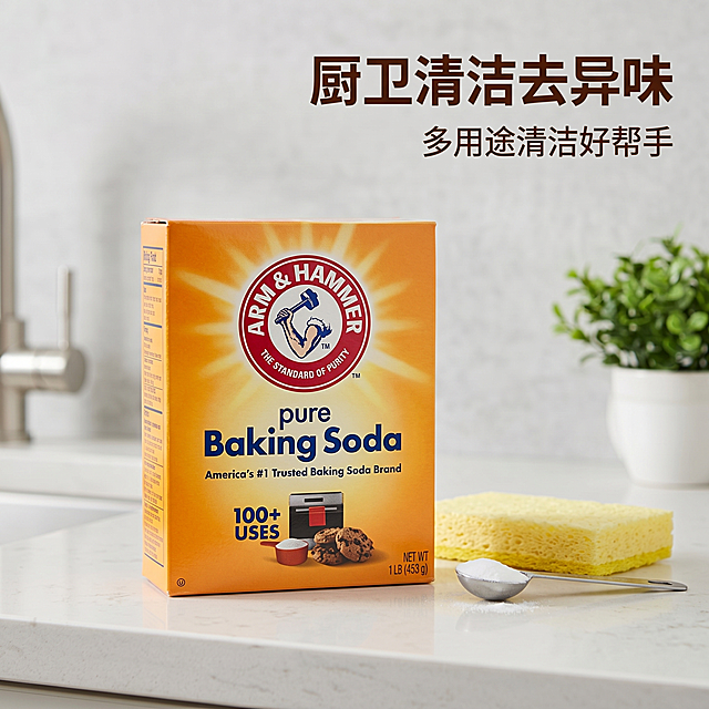 [主图-5] 家居清洁场景展示，干净清爽实用感，商业摄影质感，光线柔和通透，产品清晰真实，画面干净高级。产品包装盒放置在浅色厨房台面上，旁边摆放干净海绵擦，展示小苏打清洁厨卫的用途。保持产品包装外观与输入图一致。商品主体占比65%，场景自然简洁。明亮室内自然光，干净明亮，突出清洁质感。产品暖黄色搭配浅灰色背景，干净清爽。平视构图，生活代入感强。右上角留白区域，大字"厨卫清洁去异味"深棕色粗体，下方小字"多用途清洁好帮手"，文字不遮挡产品。1:1 比例，4k分辨率，文字清晰锐利，超高清。负向提示词：变形，水印，文字错乱，产品图模糊，背景杂乱。