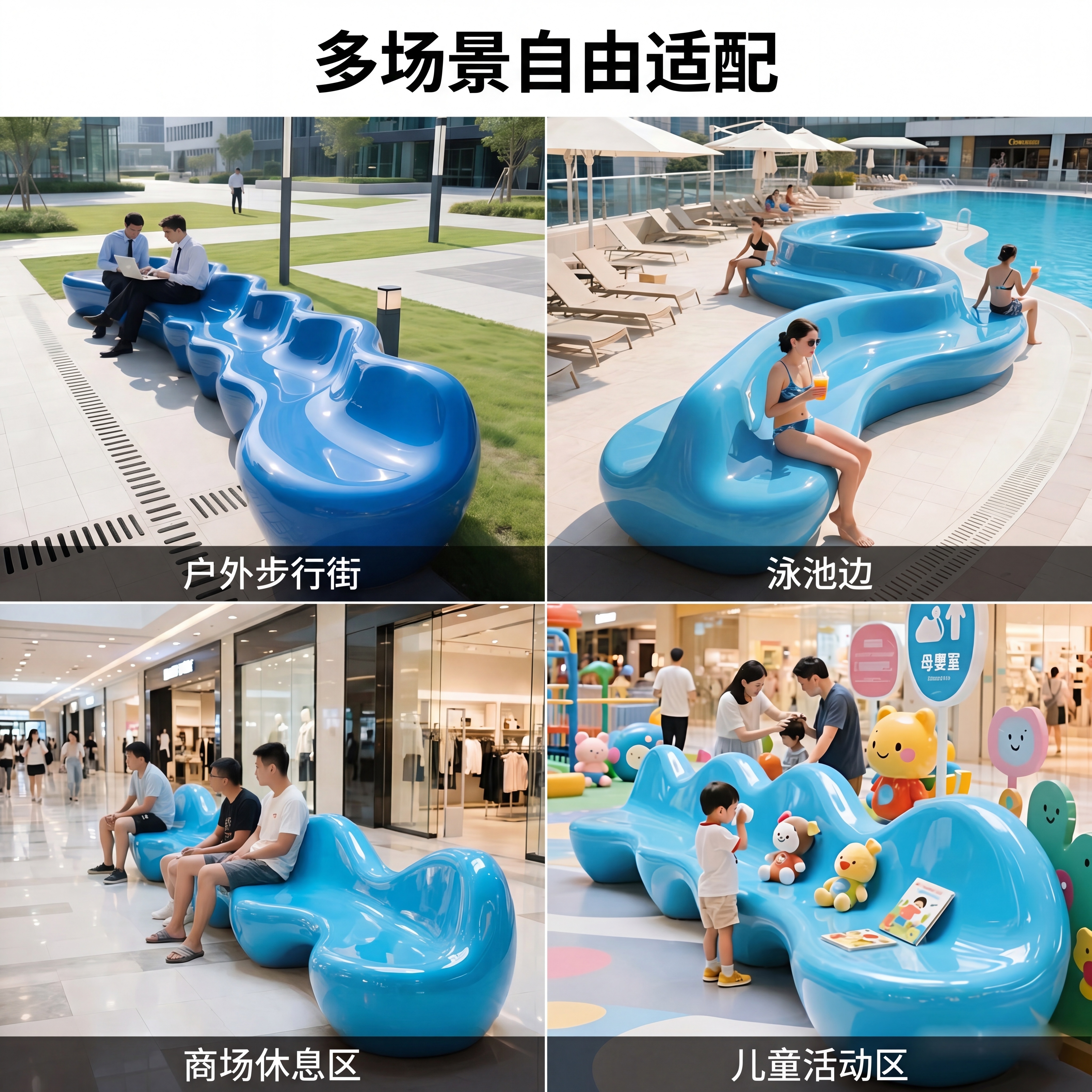 [主图-4] 多场景适配展示异形玻璃钢坐凳，氛围风格为多场景展… - 图片创意预览