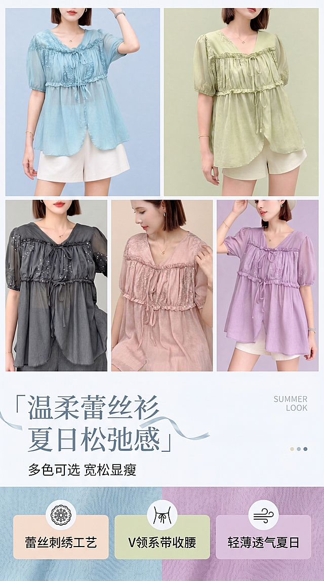 [第1屏] 详情页头图-温柔蕾丝刺绣V领系带娃娃衫女式上衣多色合集海报宣传。
[标题版式] 柔和手写主标题，左上错位排版，细丝带装饰，字重对比清晰，保留充足产品展示留白。
[氛围/风格] 清新韩系画报风，柔和莫兰迪背景，浅色系拼接色块，商业摄影质感，画面干净温柔。
[元素布局] 上方展示五款不同颜色娃娃衫模特穿搭局部同框，占据上60%区域，每件颜色清晰可见，保持V领系带、蕾丝刺绣、泡泡袖、娃娃摆结构材质颜色与原图一致。下方预留标题卖点区，背景马卡龙色块拼接，左下角淡蓝色布纹，右下角淡紫色布纹。
[光影质感] 上方柔和漫射光，面料纹理清晰，下方文字区明亮干净，明暗层次自然，产品边缘清晰真实。
[配色色系] 全局底色#F5F7FA浅灰白；主体浅蓝、果绿、深灰、粉色、淡紫；辅助浅灰蓝文字，米白布纹。
[视角构图] 多局部拼贴，上半部分五图均匀排布，下半部分左标题右卖点，动线清晰。
[文字版式] 左上主标题「温柔蕾丝衫 夏日松弛感」，莫兰迪灰蓝色手写字体；副标题「多色可选 宽松显瘦」深灰细体；右侧小字英文SUMMER LOOK浅灰色。下半部分三个卖点：蕾丝刺绣工艺、V领系带收腰、轻薄透气夏日，配小图标浅底深字，不遮挡主体。
[比例分辨率] 9:16竖版，4K，文字清晰。
[负向提示词] 商品变形，结构错误，颜色偏差，文字错乱，水印，背景杂乱，极限词。