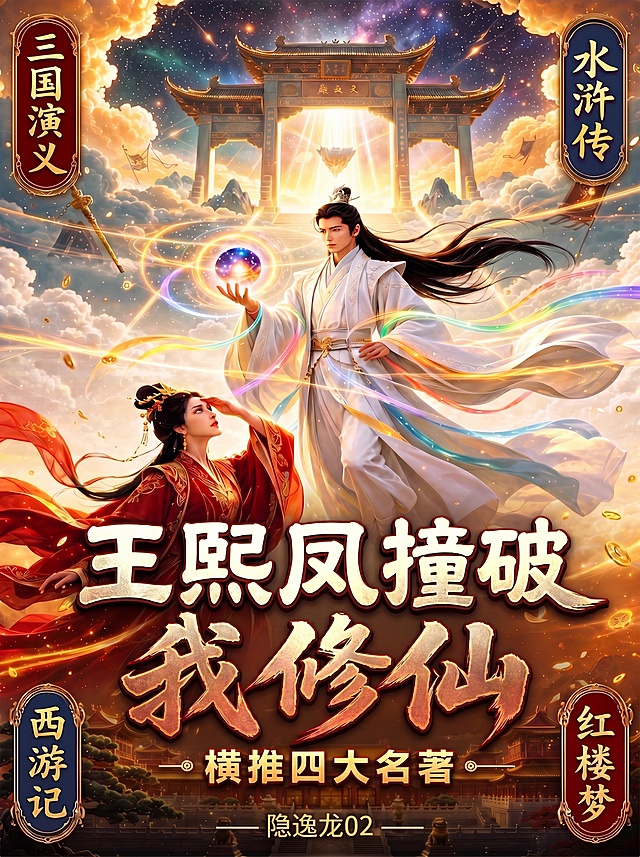 修改这张小说封面：1. 将标题组“王熙凤撞破我修仙”整体缩小到原尺寸的70%-75%；2. 更换字体：把标题“王熙凤撞破我修仙”更换为汉仪尚巍手书，字体更锋利有棱角，带有破碎感；3. 改为高级金属质感效果：文字要像是精雕细琢的金属镶嵌在画面中，不要平铺；文字做渐变金属色，文字上半部为亮白金，下半部为偏红的赤铜金，产生立体雕刻感；4. 添加描边：给文字添加1-2像素的深红色或暗棕色描边，让文字从背景中突出，保留画面其余部分不变，左右上下的四大名著文字、底部作者名和副标题都保持不变