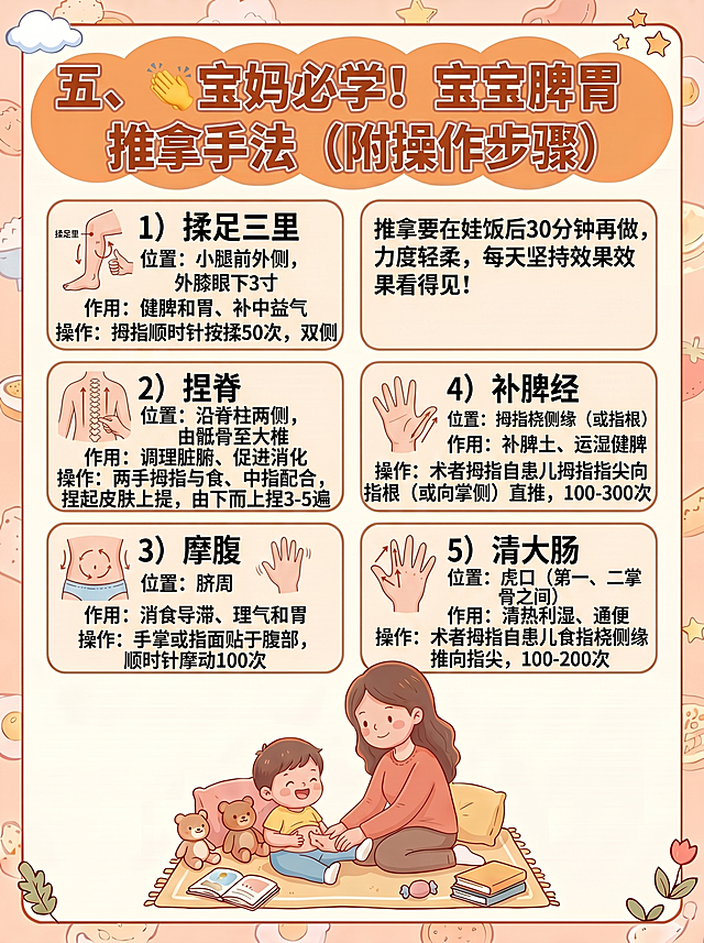 小红书3:4育儿笔记配图，延续前四张统一风格：温馨亲子插画风、暖色调、圆角卡片+清晰排版>标题为“五、🤲宝妈必学！宝宝脾胃推拿手法（附操作步骤）”。正文分5个推拿手法，每项含：1) 手法名称（如“揉足三里”）；2) 简洁位置说明（如“小腿前外侧，外膝眼下3寸”）；3) 作用（如“健脾和胃、补中益气”）；4) 操作步骤（如“拇指顺时针按揉50次，双侧”）；5) 配对应部位示意图（卡通儿童身体局部标注+箭头/手势示意）。布局建议：上半部标题+总提示“推拿要在娃饭后30分钟再做，力度轻柔，每天坚持效果看得见！”；下半部5项分两列排布（左3右2或均分），每项带小图标（如腿/脊柱/手掌/腹部/拇指）。底部加妈妈轻柔给娃推拿的温馨场景插画。整体保持与前四张一致的字体、配色与插画风格。