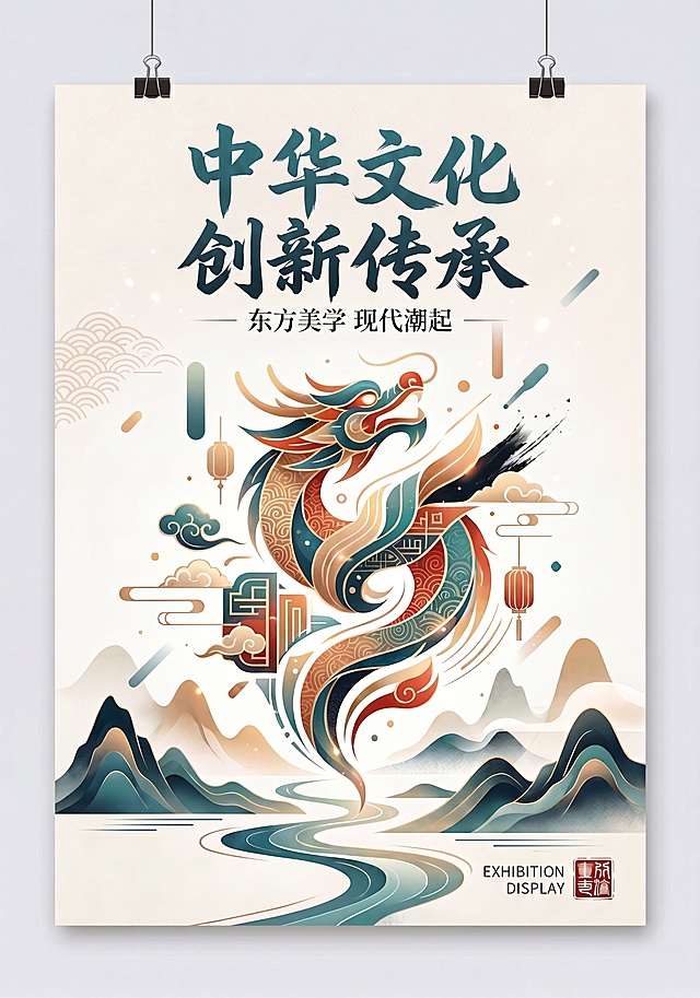 基于当前图片，仅删除右侧竖排文字（包括‘探索深厚底蕴’和‘探索东华美学 创新传承’），其余所有元素（主标题毛笔字、副标题、龙图、山河、印章、装饰图形等）保持完全不变，确保构图与风格一致