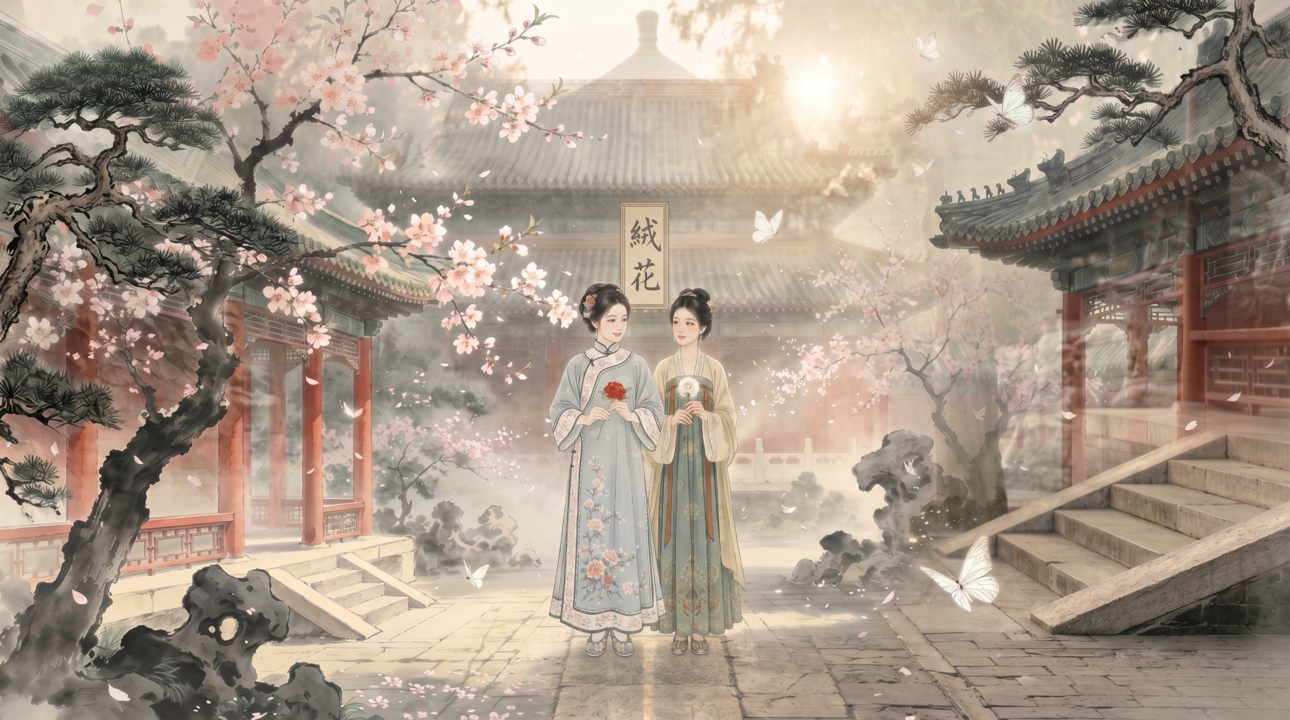 水墨幻境层层叠入画面，苏婉、明月并肩缓步走来，16:9横屏构图… - 图片创意预览